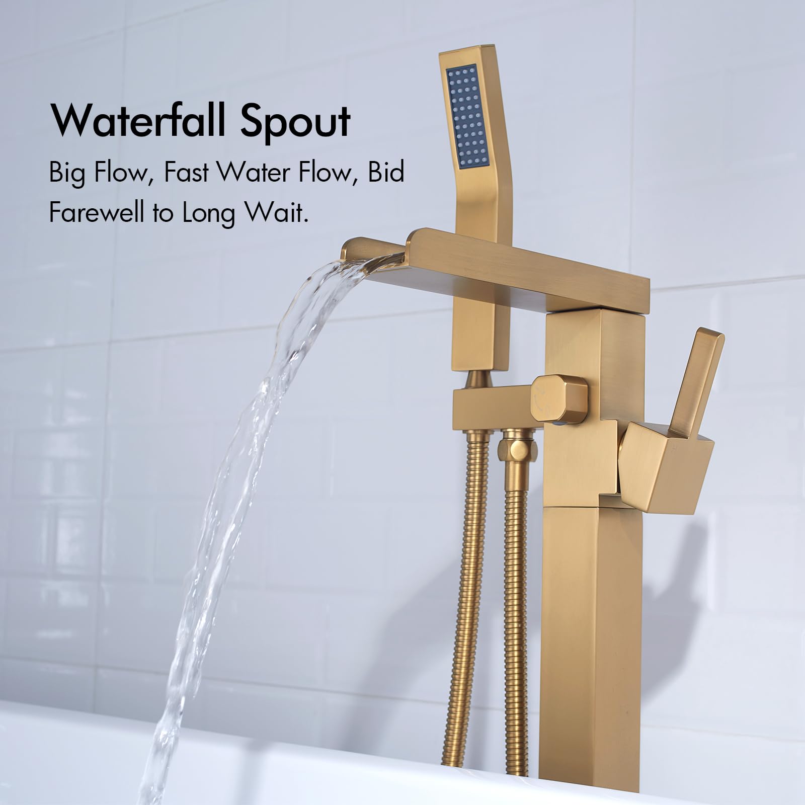 Premium BAGNOLUX Floor Mount Bathtub Faucet - Single Handle Brass Tub Filler with Hand Shower, Waterfall Style (Brushed Brass) - Perfect for Modern Bathroom & Spa Retreats