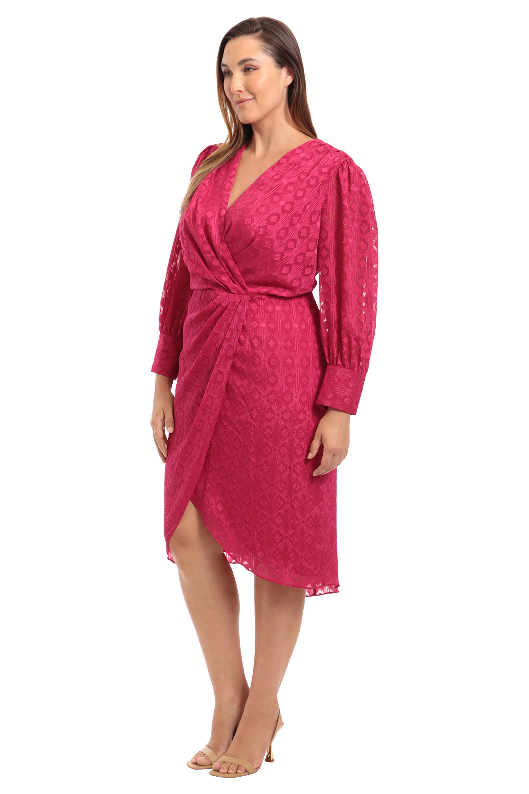 Maggy London Women's Plus Size V-Neck Surplus Bodice Faux Wrap High-Low Dress for Wedding Guest, Party & Special Occasions - Elegant Formal Event Attire for Curvy Women