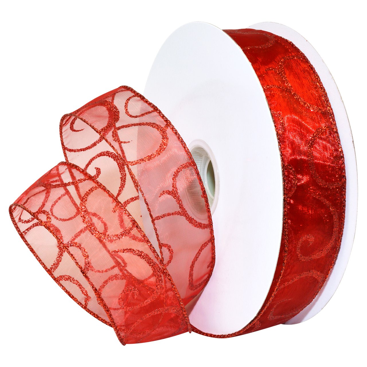 Morex 1.5 Inch x 50 Yards Wired Sheer Glitter Ribbon - Red, Decorative Curling Ribbon for Gift Wrapping, Party Decorations, Christmas Tree Ornaments, DIY Crafts and Wedding Bouquets