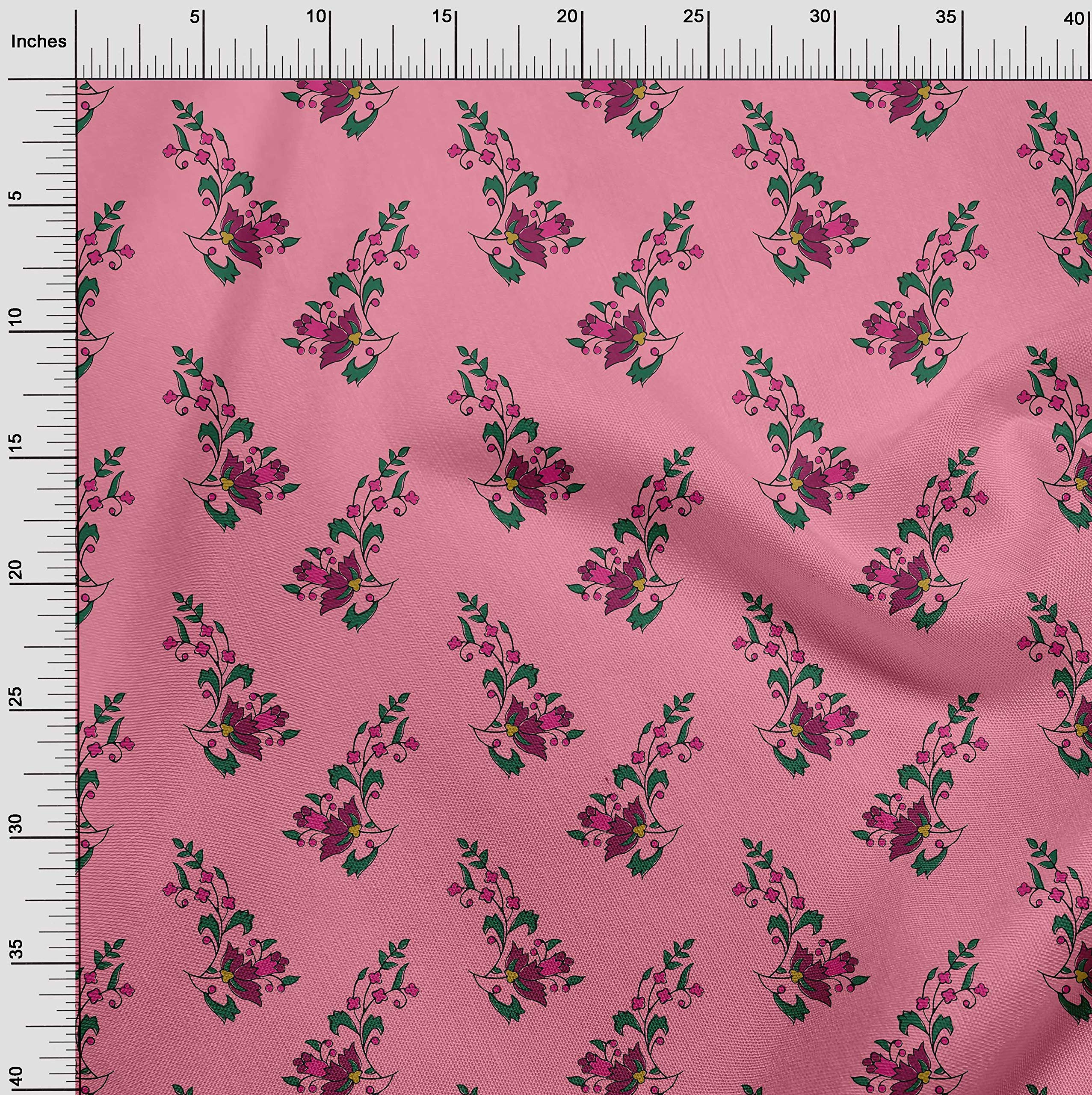 oneOone Silk Tabby Medium Pink Fabric - Floral & Leaves Print Dress Material - 42 Inches Wide by The Yard - Perfect for Dresses, Blouses, and DIY Sewing Projects