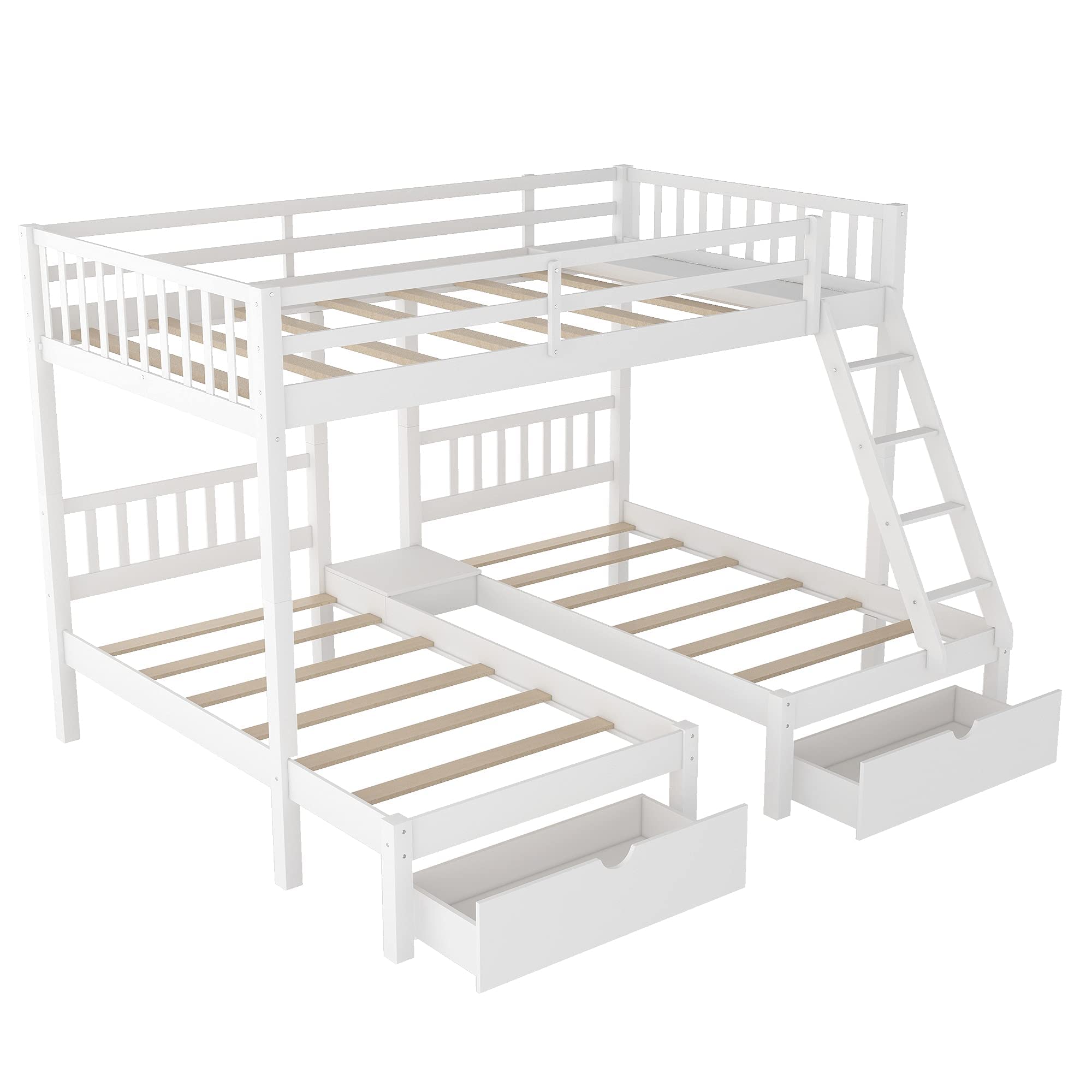 Wood Triple Bunk Bed with 3 Drawers & Guardrails - Full Over 2 Twin Bunk Bed for Family & Teens - No Box Spring Needed - Space Saving Kids Bedroom Furniture for Small Rooms & Vacation Homes