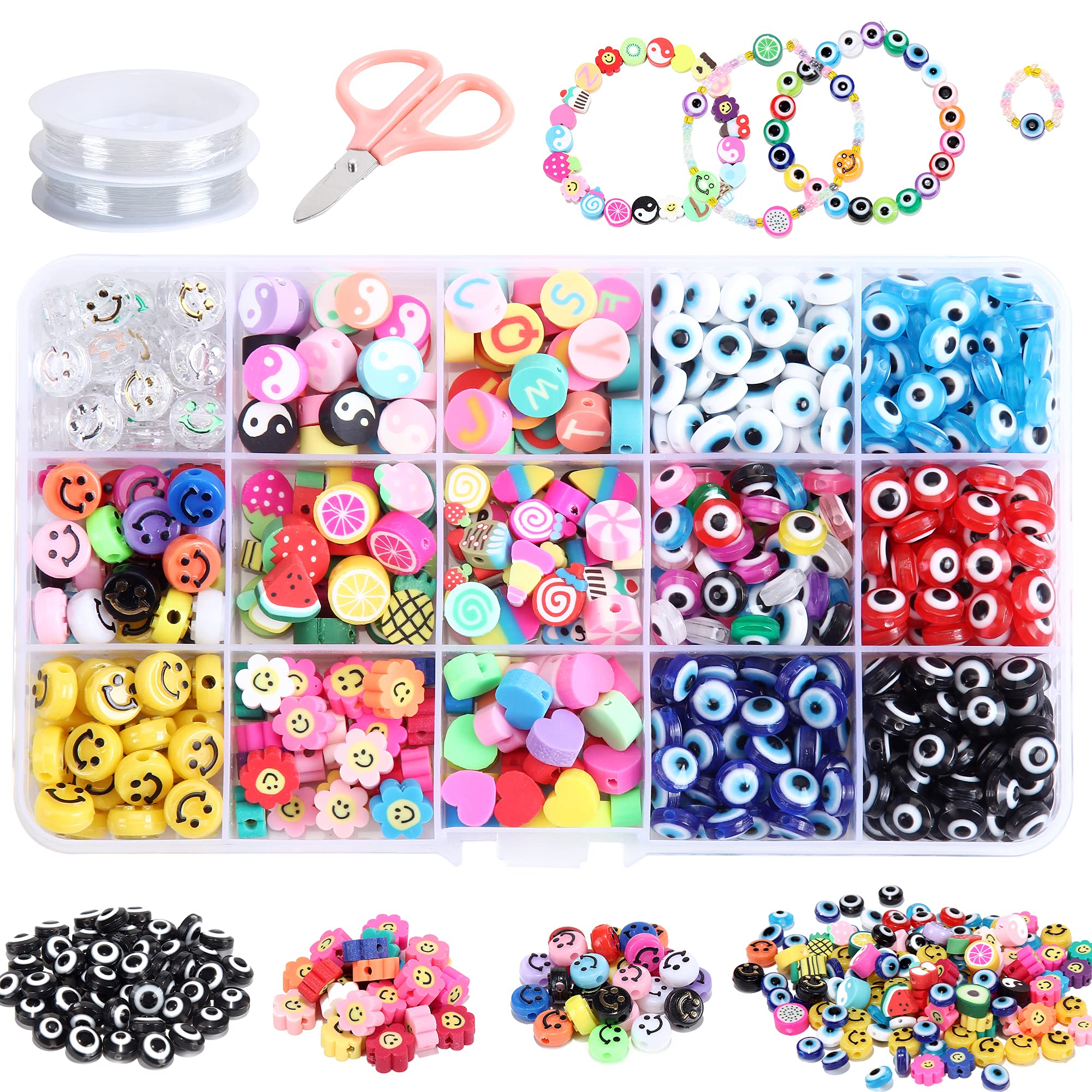 420PCS Polymer Clay Beads Kit - 15 Styles Fruit Smile Face, Letter & Evil Eye Beads for DIY Jewelry Making (Bracelet, Necklace, Earrings) with Crystal Elastic String - Perfect for Women's Handmade Accessories & Gifts