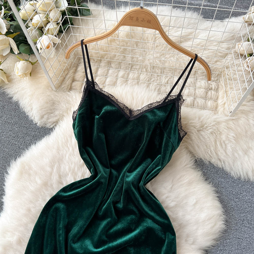 Elegant Lace Velvet Suspender Dress for Women - Long Slit Evening Gown with Adjustable Straps | Perfect for Cocktail Parties, Date Nights & Formal Events