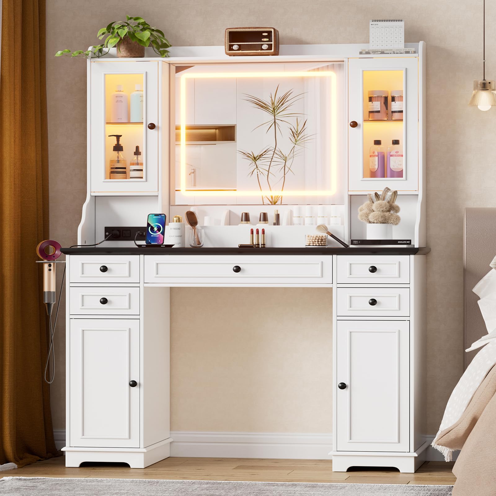 PAKASEPT Vanity Desk with Mirror and LED Lights - Makeup Vanity Set with 3 Lighting Modes, USB Charging Station, 5 Drawers & 4 Cabinets - Farmhouse Style Dressing Table for Women, Girls, Teens - Perfect for Bedroom, Dorm Room, and Beauty Salon Decor