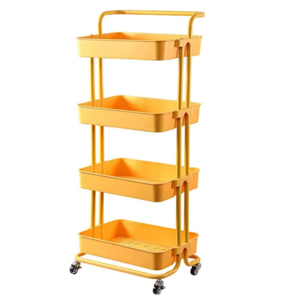FEANG 4-Tier Rolling Storage Cart with Handle & Wheels - Mobile Utility Organizer with Mesh Baskets for Kitchen, Laundry, Bathroom, Office - Durable Serving Cart in Yellow | Perfect for Home Organization & Small Space Storage