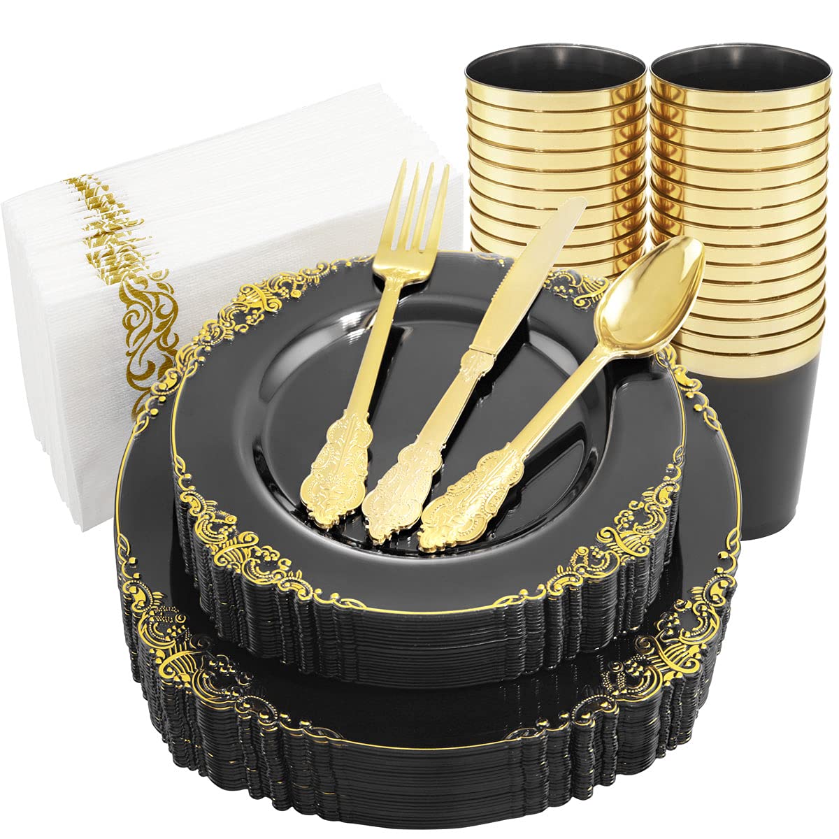 Nervure 175-Piece Clear Black & Gold Plastic Dinnerware Set - Includes 25 Dinner Plates, 25 Dessert Plates, 25 Cups, 25 Forks, 25 Knives, 25 Spoons & 25 Napkins - Perfect for Weddings, Parties, Catering & Outdoor Events