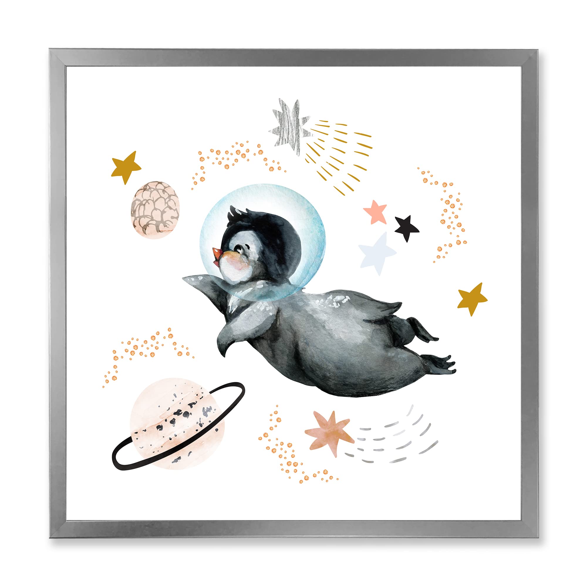 DesignQ Little Penguin Flying Stars and Planets II Farmhouse Framed Wall Art - Vintage Astronomy Decor for Nursery, Kids Room & Living Room Wall Decor