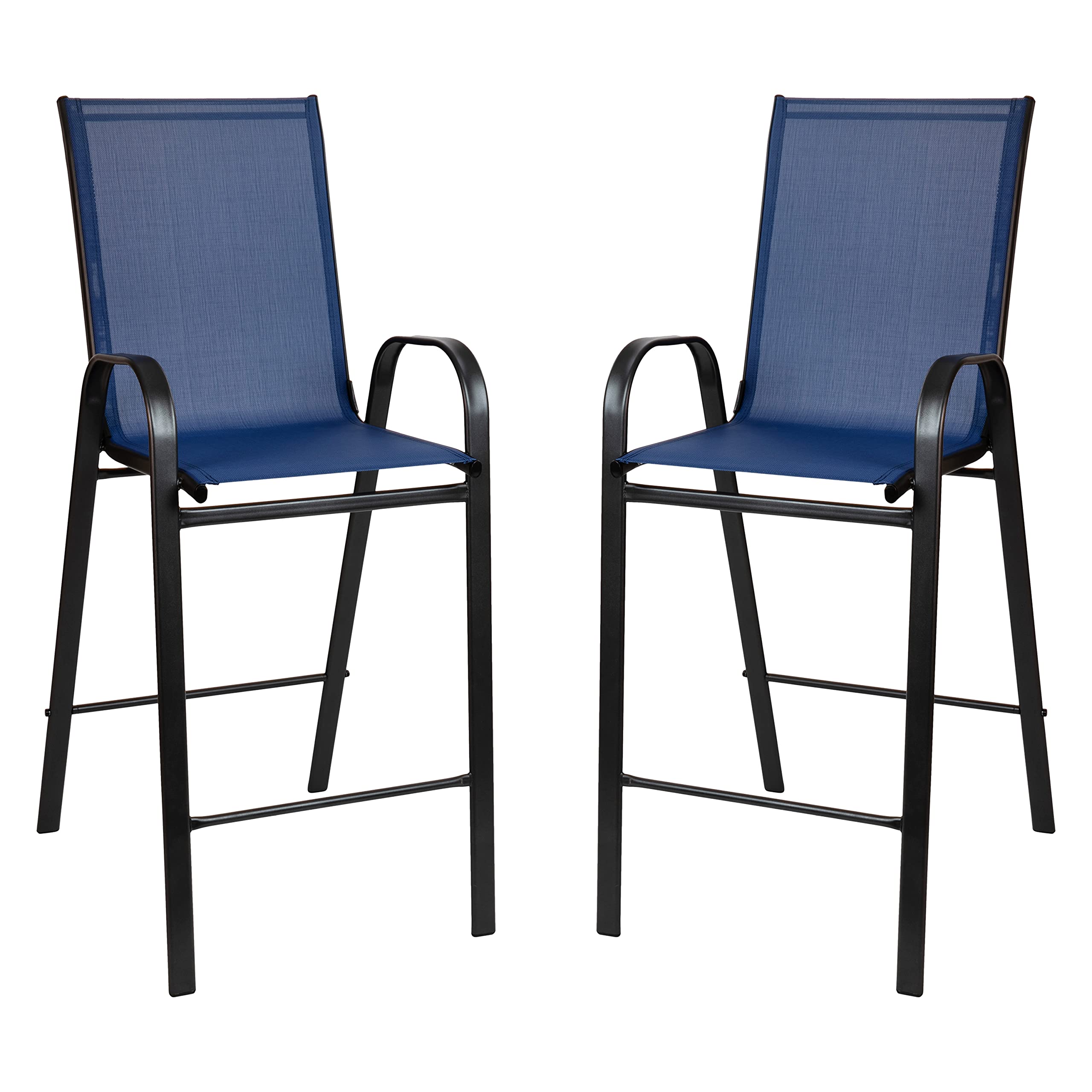 Flash Furniture Brazos 5-Piece Bar Table Set with Glass Top & 4 Navy Patio Bar Stools - Outdoor Dining Set for Patio, Deck, Backyard, and Poolside Entertaining