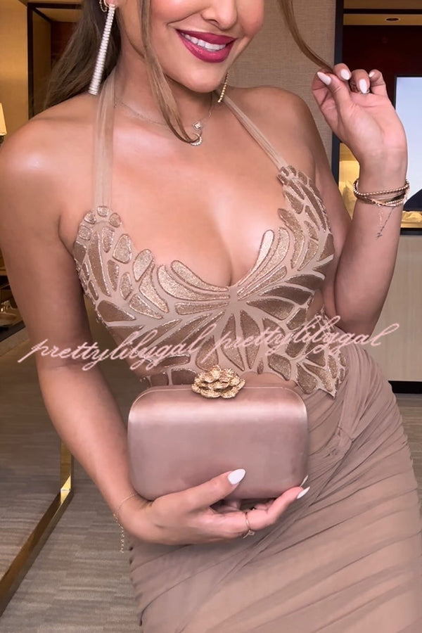 Elegant Gold Metallic Butterfly Back Lace-Up Halter Tank Top for Women | Summer Beach Party, Date Night & Festival Outfit