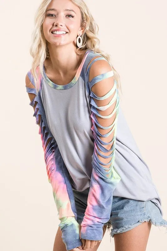 Bibi Jersey Knit Top with Tie Dye Laser Cut Sleeves in Ice Grey | Women's Fashion T-Shirt | Casual Wear & Street Style Outfit