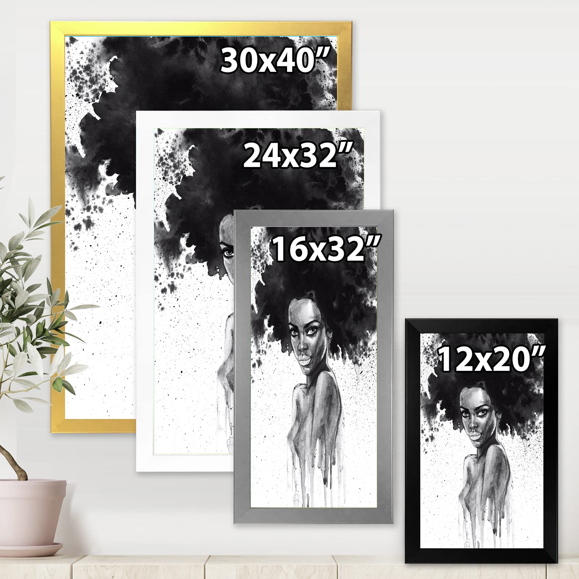 DesignQ Black and White Portrait of African American Woman - Modern Framed Wall Art Decor for Living Room, Bedroom & Office