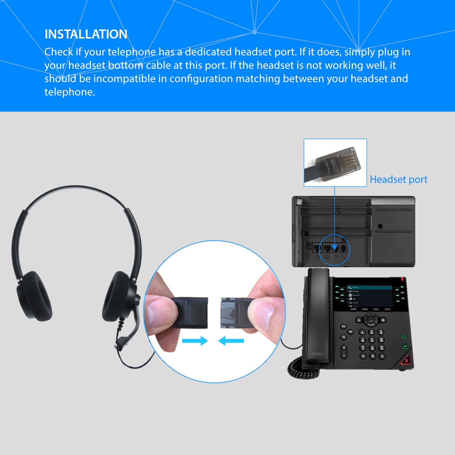 IPD IPH-165 Noise Cancelling Office Headset with Microphone - Compatible with Polycom VVX, Aastra, Avaya, Nortel, Samsung & Mitel Landline Phones - Perfect for Call Centers, Remote Work & Business Communications