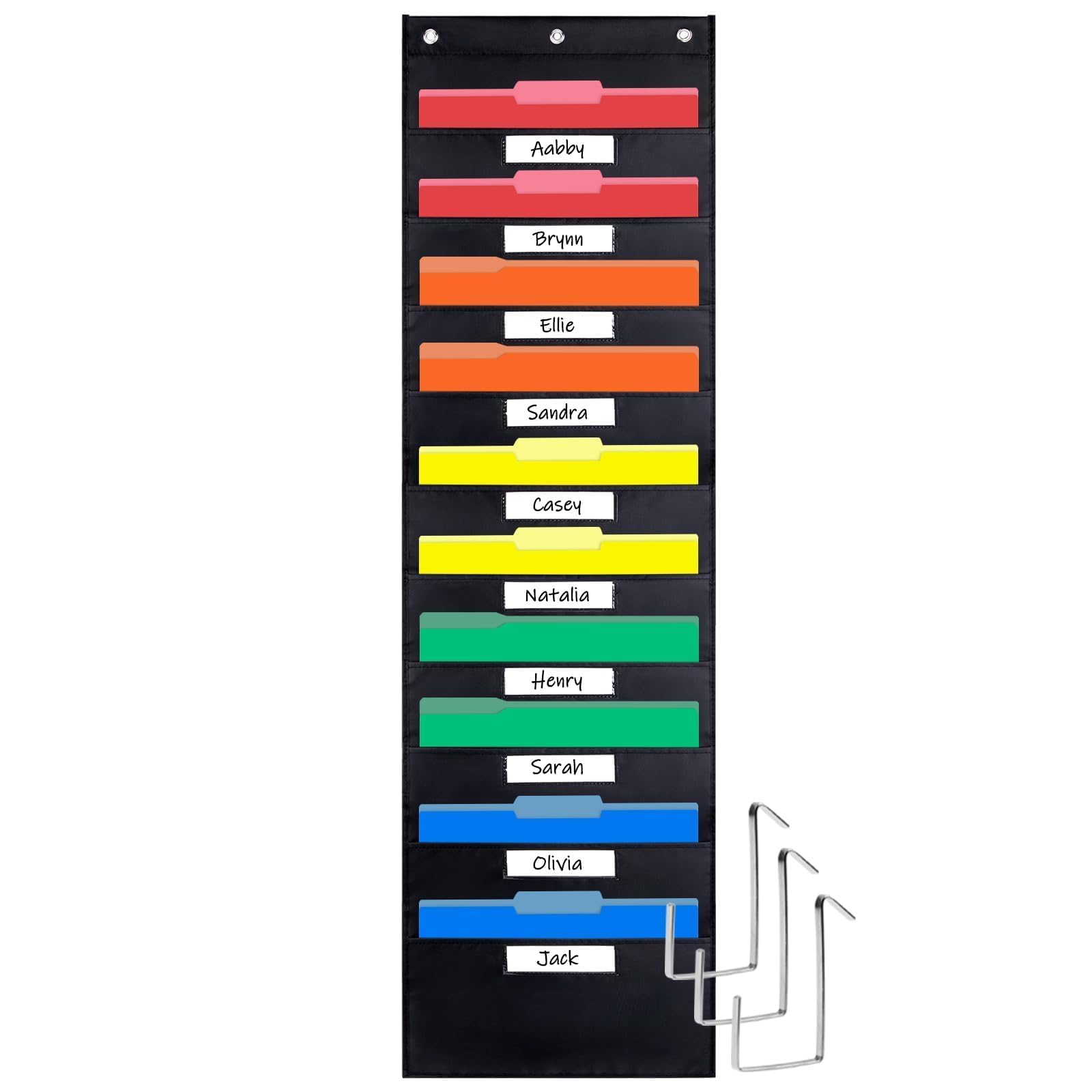 10-Pocket Hanging Wall File Organizer with Name Tags - Classroom, Office & Home Storage Solution for Folders, Mail & Documents (Includes 3 Hangers, Black) - Perfect for Teacher Organization, School Supplies & Home Office Decluttering