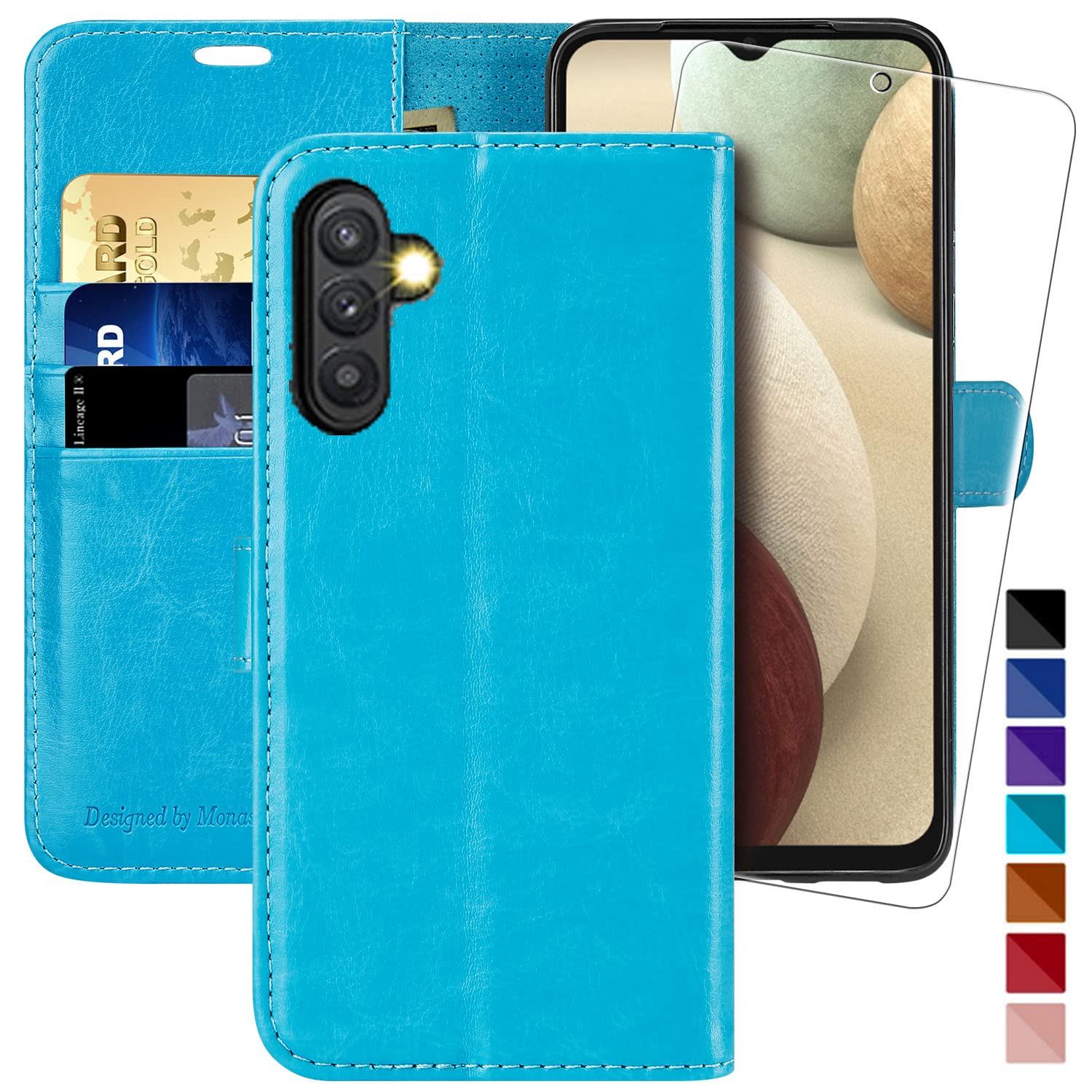 MONASAY Leather Wallet Case for Samsung Galaxy A13 5G - RFID Blocking Flip Cover with Card Slots & Included Tempered Glass Screen Protector | Perfect for Everyday Use, Travel & Business (Light Blue)