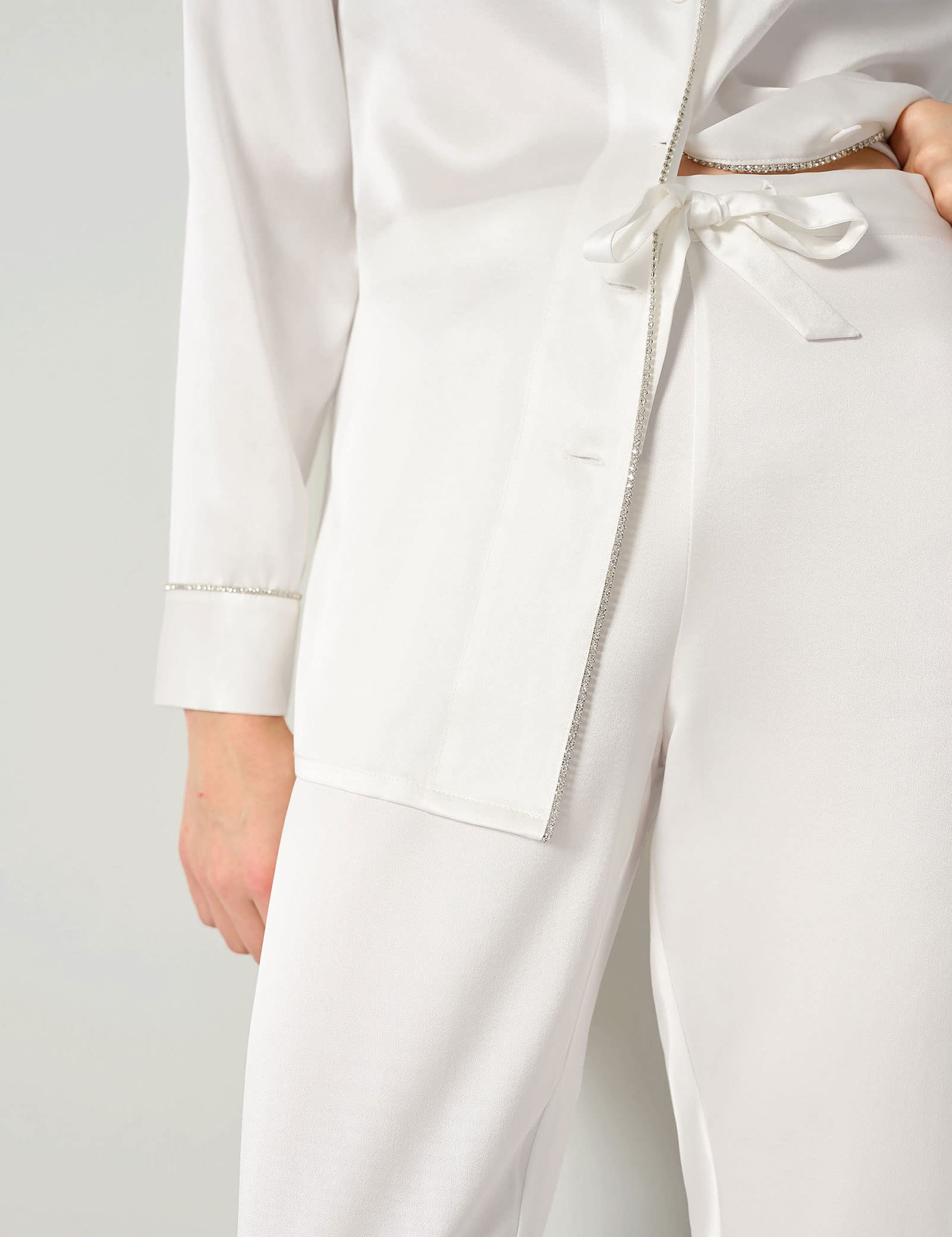 Luxury 100% Pure Silk Pajamas Set for Women - Elegant Rhinestone Trimmed Long Sleeve Sleepwear & Loungewear | Perfect for Relaxing at Home, Spa Days & Romantic Getaways
