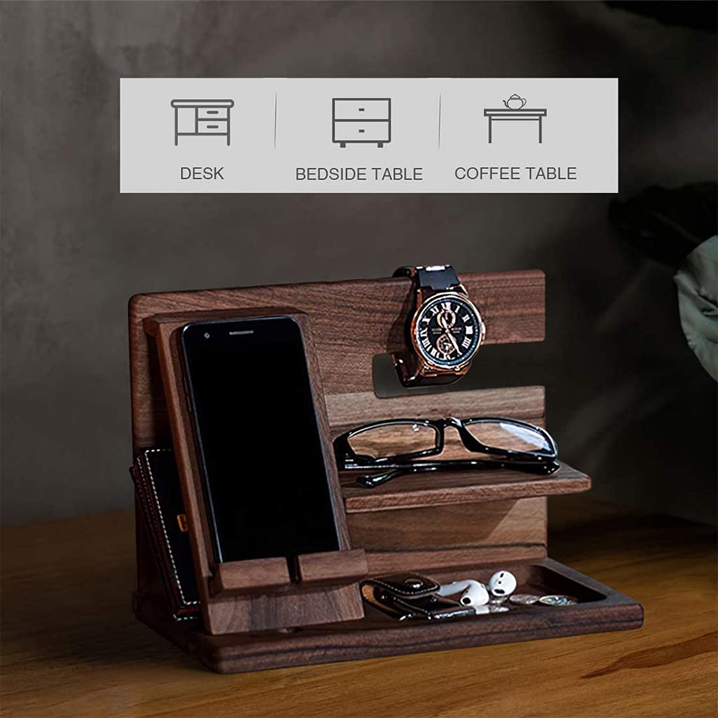 Wooden Bedside Organizer - Phone Holder, Docking Station, Wallet Stand, Watch & Glasses Storage Box for Nightstand | Desk Display Organizer for Home & Office | Perfect Gift for Men - Keep Essentials Organized in Style