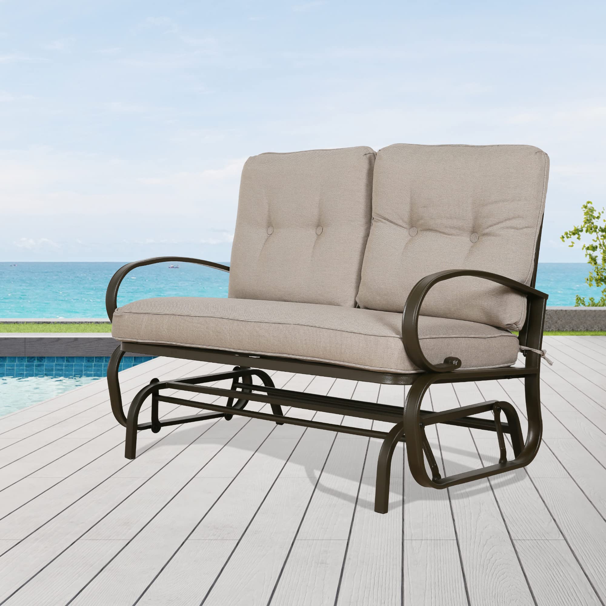 2-Seat Outdoor Swing Glider Bench with Cushions - Patio Rocking Loveseat Chair in Beige for Garden, Porch & Backyard Relaxation