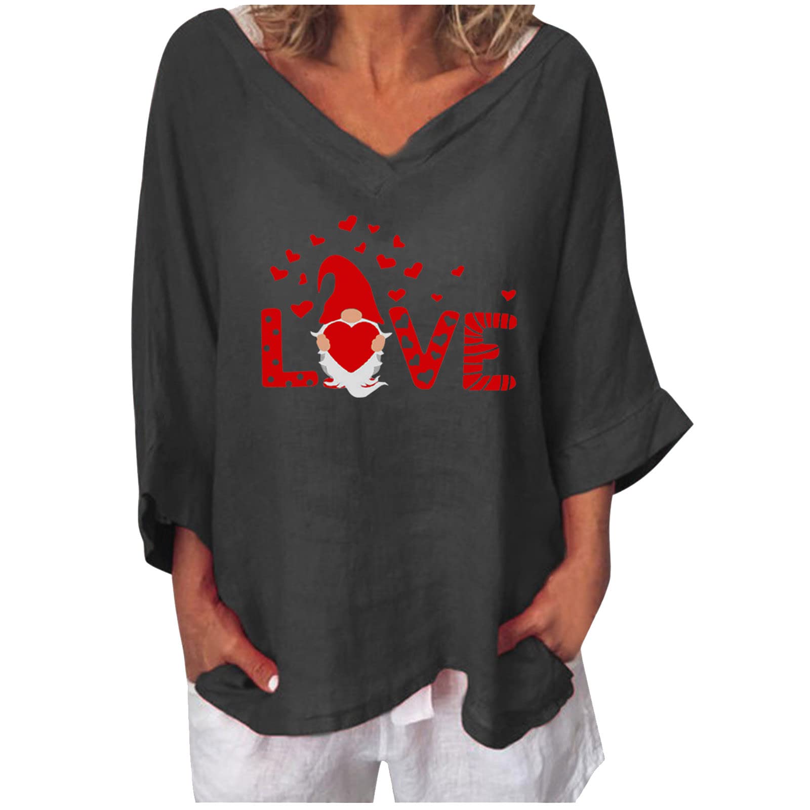 Valentine's Day Women's Graphic Tee - Vintage Gnome Print V-Neck Cotton Linen T-Shirt for Women | Cute Casual Outfit for Date Night & Gifts
