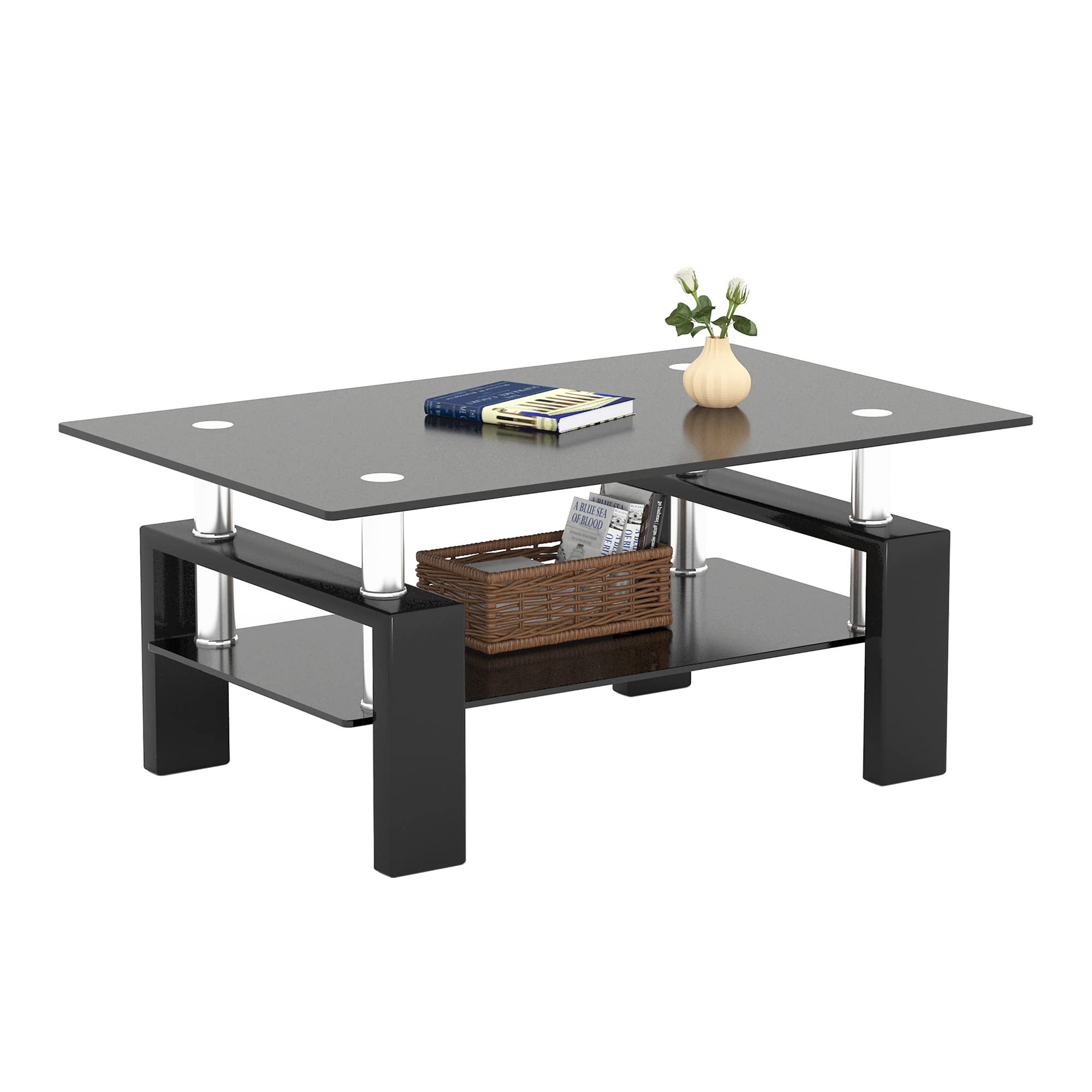 Modern 2-Tier Rectangle Glass Coffee Table - All Black Contemporary Side Tea Table for Living Room | Perfect for Small Spaces, Apartments & Lounge Areas