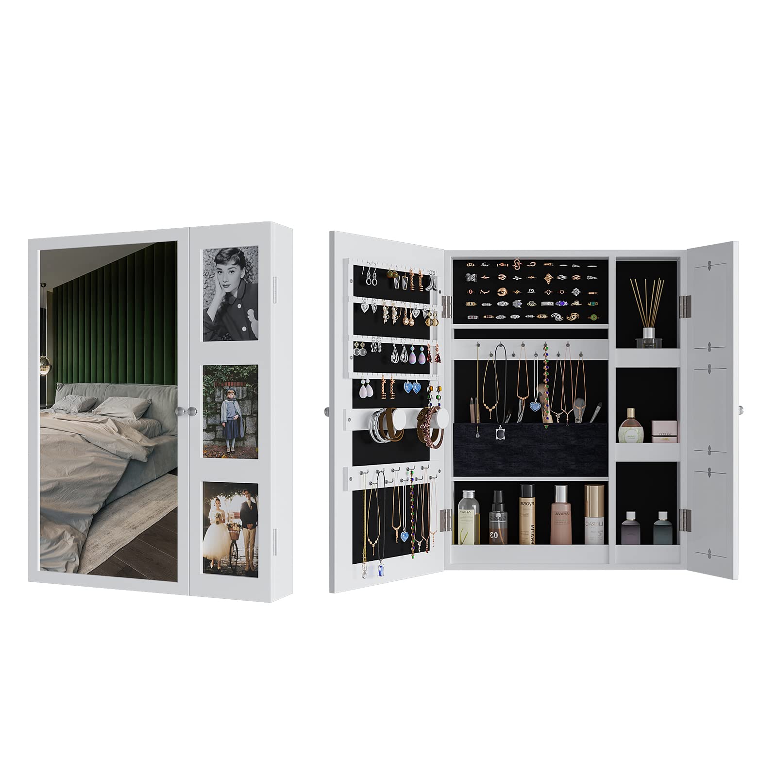 Wall Mounted Jewelry Organizer with Photo Frame & Full Length Mirror - Jewelry Cabinet with Storage, Door Mounted Jewelry Armoire (Medium) - Perfect for Bedroom, Closet & Dressing Room Organization