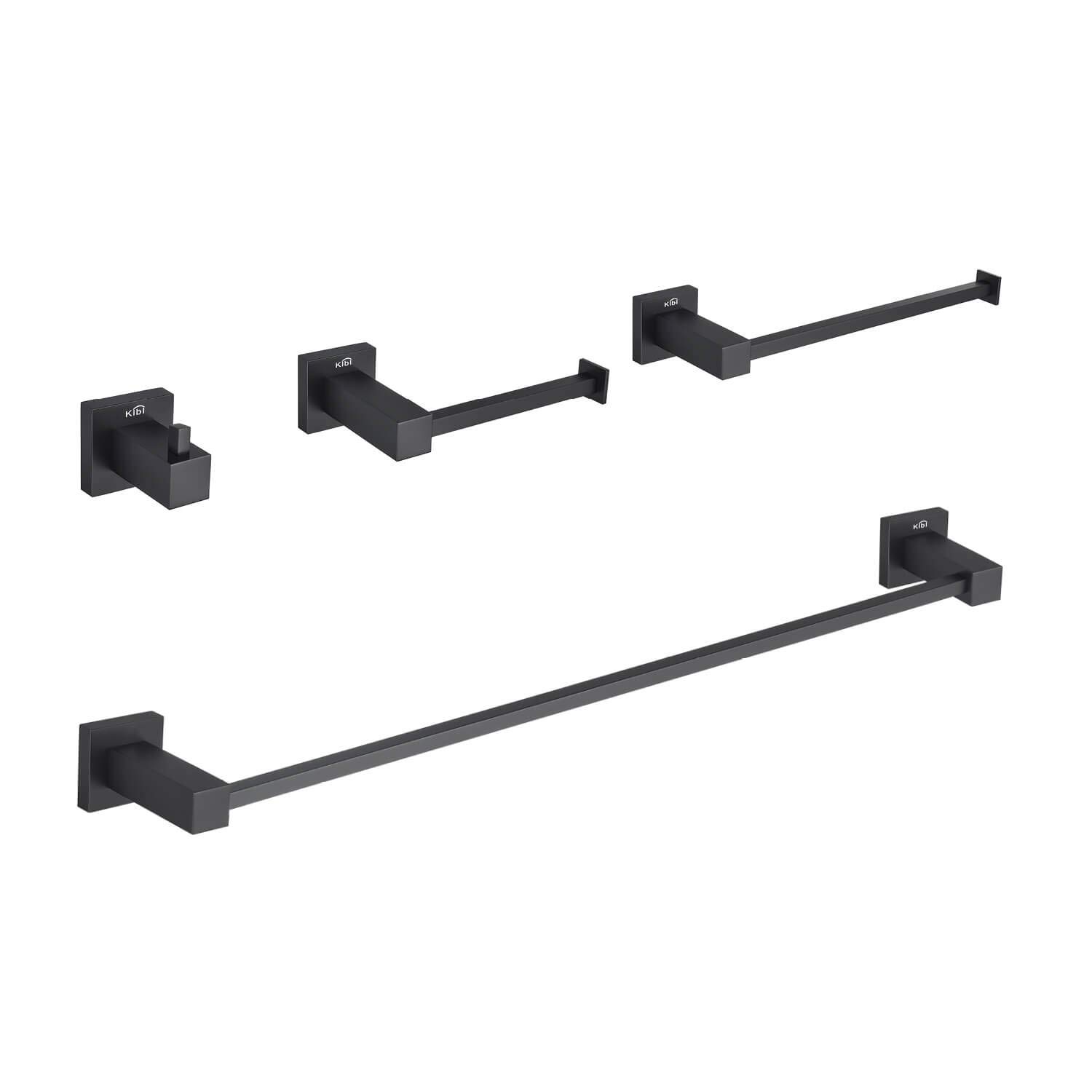 KIBI Cube 4-Piece Bathroom Hardware Set - Solid Brass Towel Bar, Towel Ring, Toilet Paper Holder & Robe Hooks | Matte Black Finish | Durable Bath Accessories for Modern Home & Luxury Hotel Style (C-KBA15-4) | Perfect for Bathroom, Spa & Guest Room Decor