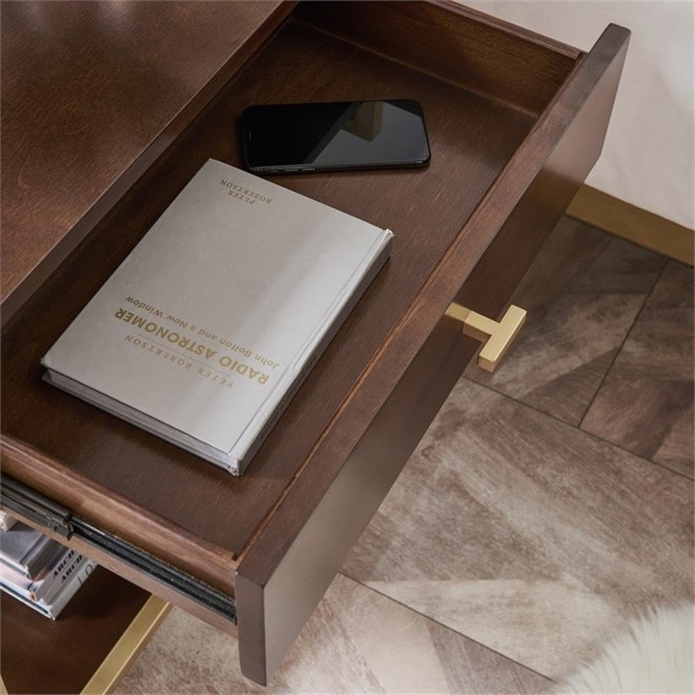 Claudette Modern Nightstand with USB-C Fast Charging - Solid Wood & Metal Bedside Table in Walnut Brown & Gold - Compact Side Table for Bedroom, Living Room, Office - Leick Home 9069-WA - Perfect for Charging Devices & Stylish Home Decor