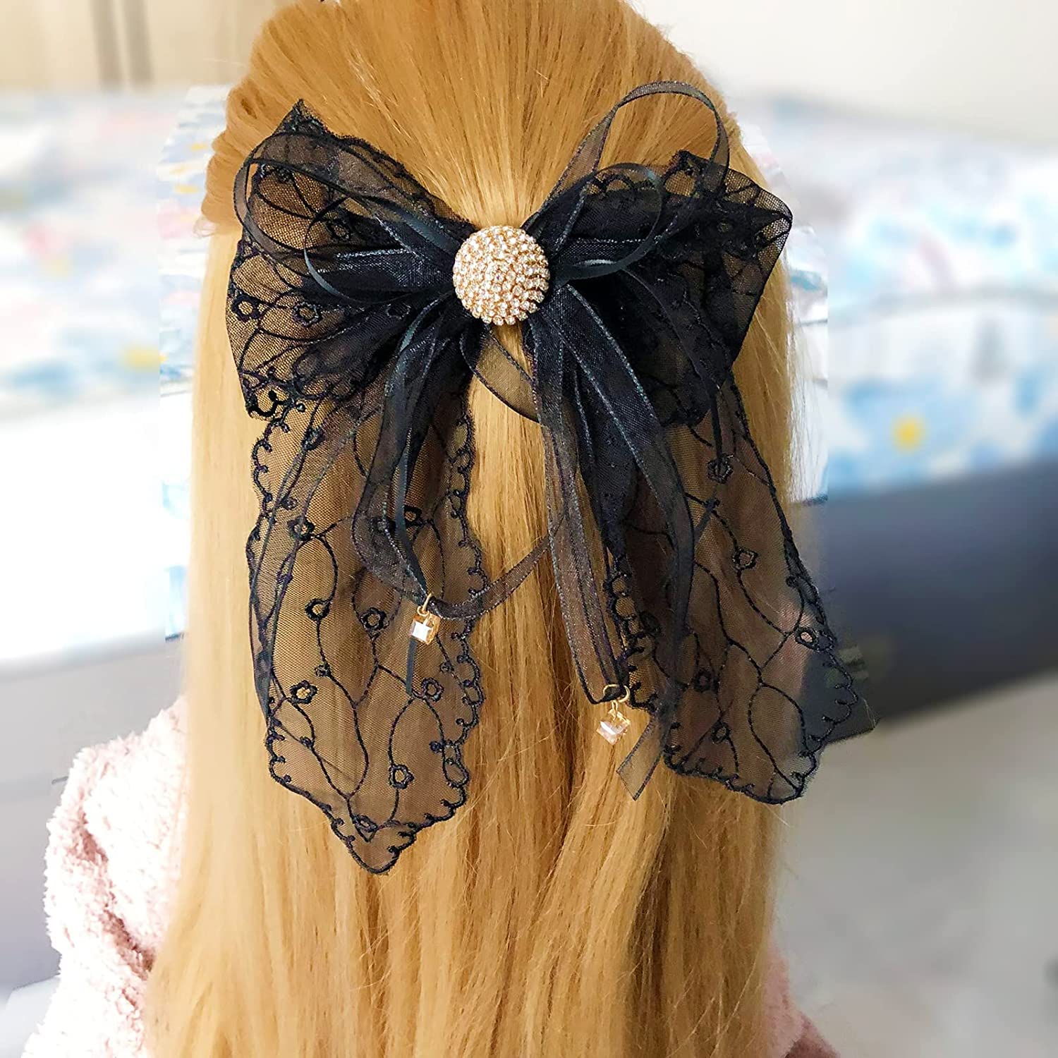 VSAKSH Large Lace Ribbon Bow Hair Clips - Elegant Metal French Barrette Hairpins for Women & Girls | Handmade Hair Accessories in White, Off White & Black | Perfect for Weddings, Parties & Everyday Style