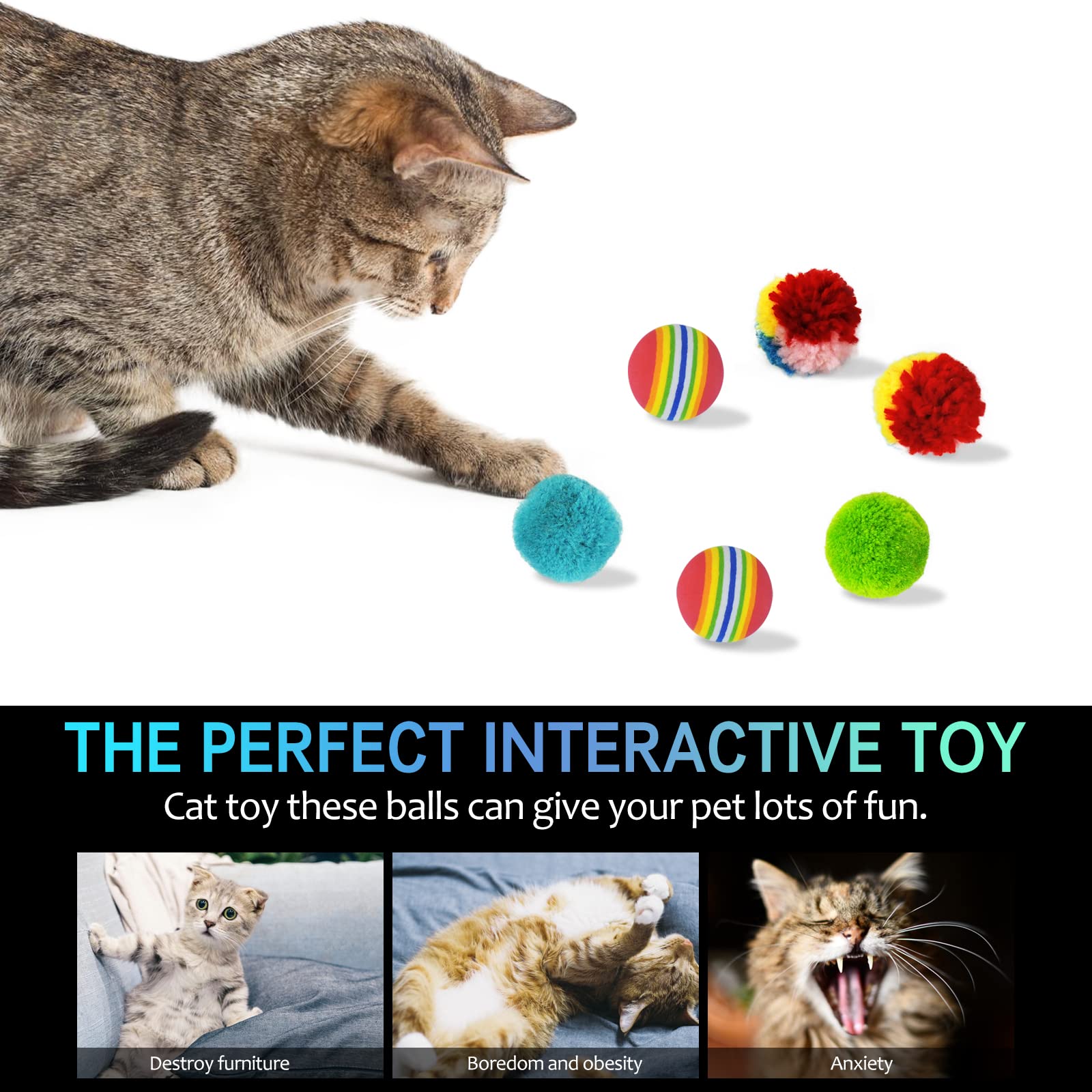 Andiker Cat Balls Toy Set - 6pcs Mini Interactive Cat Toys (2 Colorful EVA Foam Balls, 2 Plush Balls, 2 Yard Balls) - Lightweight Chew & Chase Toys for Indoor Cats to Stay Active - Perfect for Playtime, Exercise and Mental Stimulation