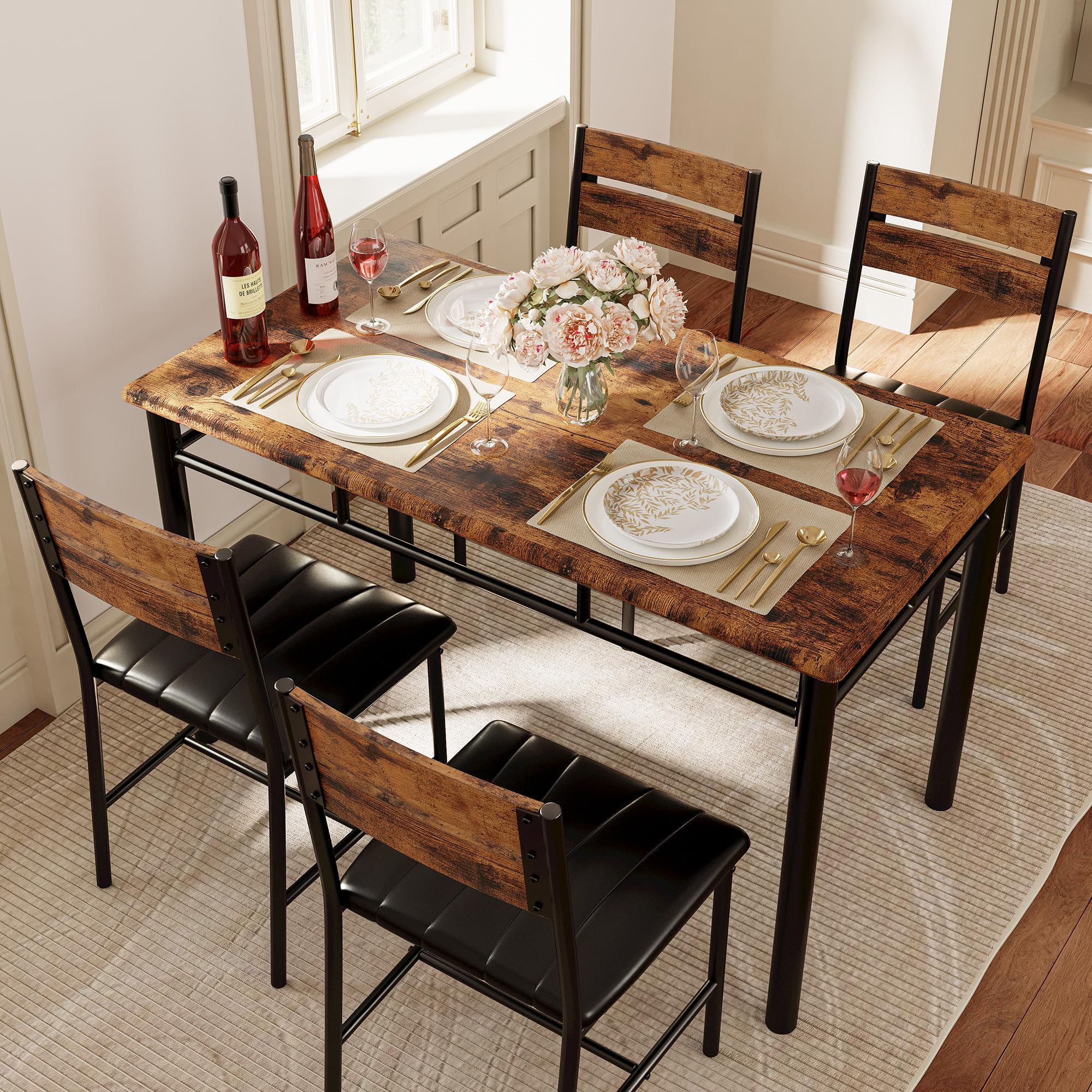 IRONCK 4-Piece Wooden Dining Table Set with Upholstered Chairs - Compact Kitchen & Dining Room Table for Small Spaces in Rustic Brown | Perfect for Apartments, Breakfast Nooks & Cozy Family Meals