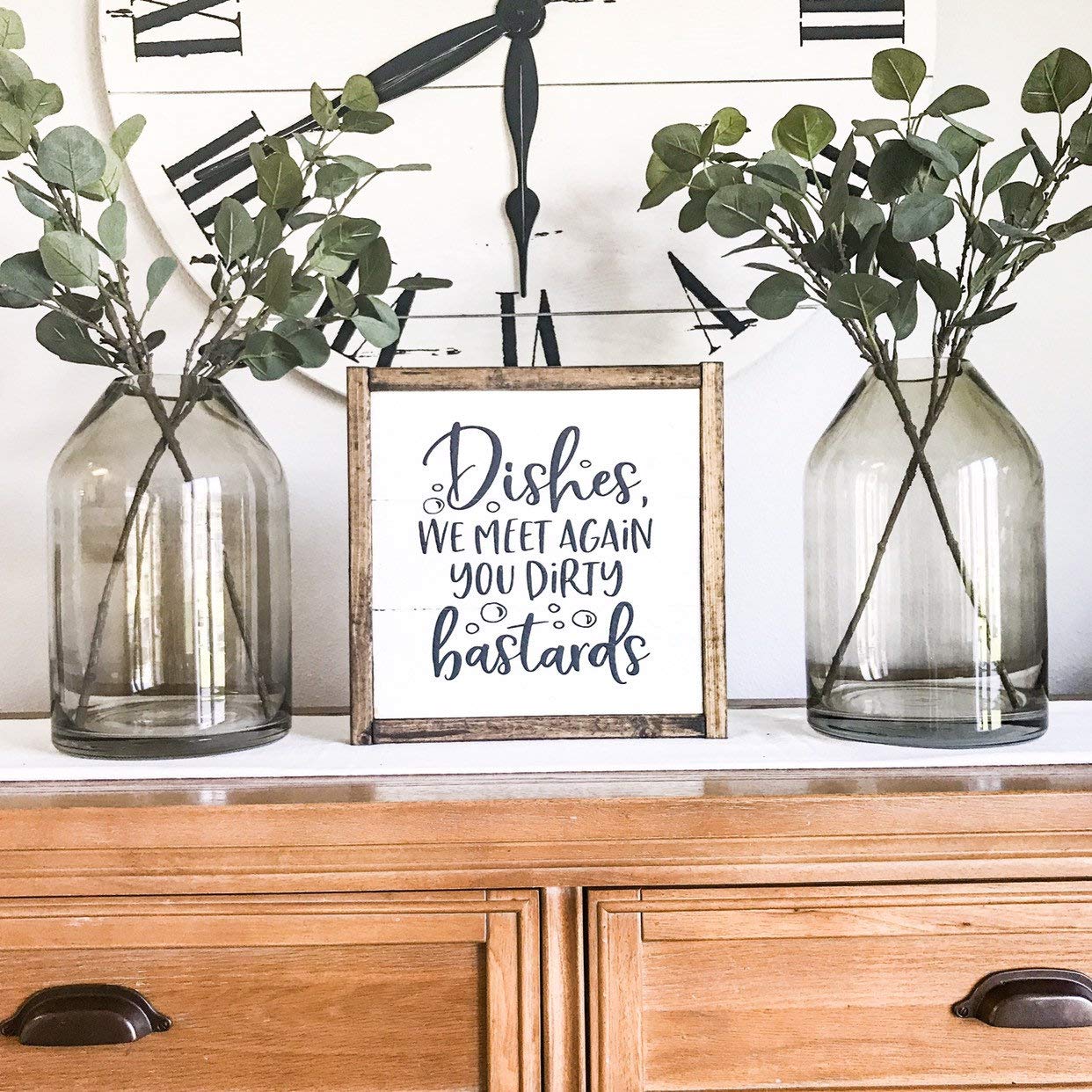Funny Kitchen Wood Sign - 'Dishes We Meet Again You Dirty Bastards' - 7x7 Inch Rustic Home Decor for Farmhouse, Apartment & Restaurant Use