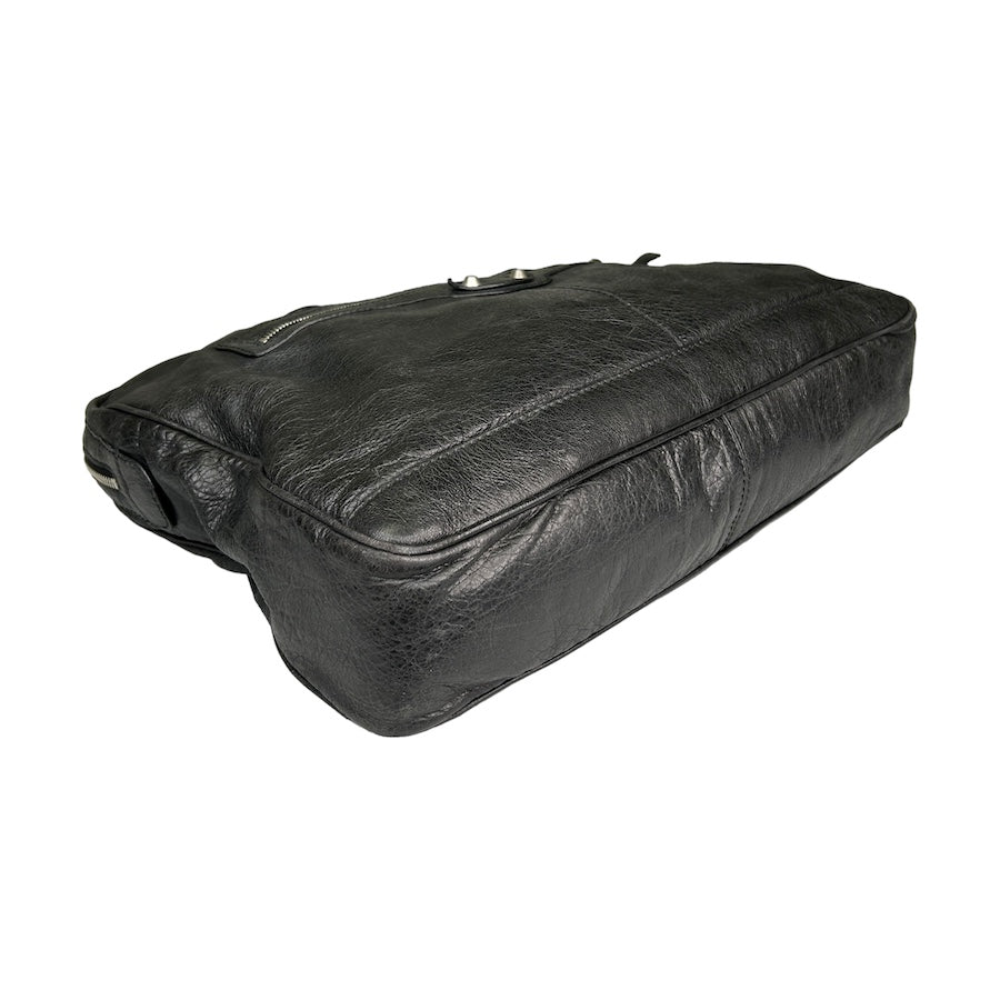 BALENCIAGA Black Leather Motorcycle Business Bag for Men & Women - Stylish Laptop Briefcase for Office, Travel & Work Commute