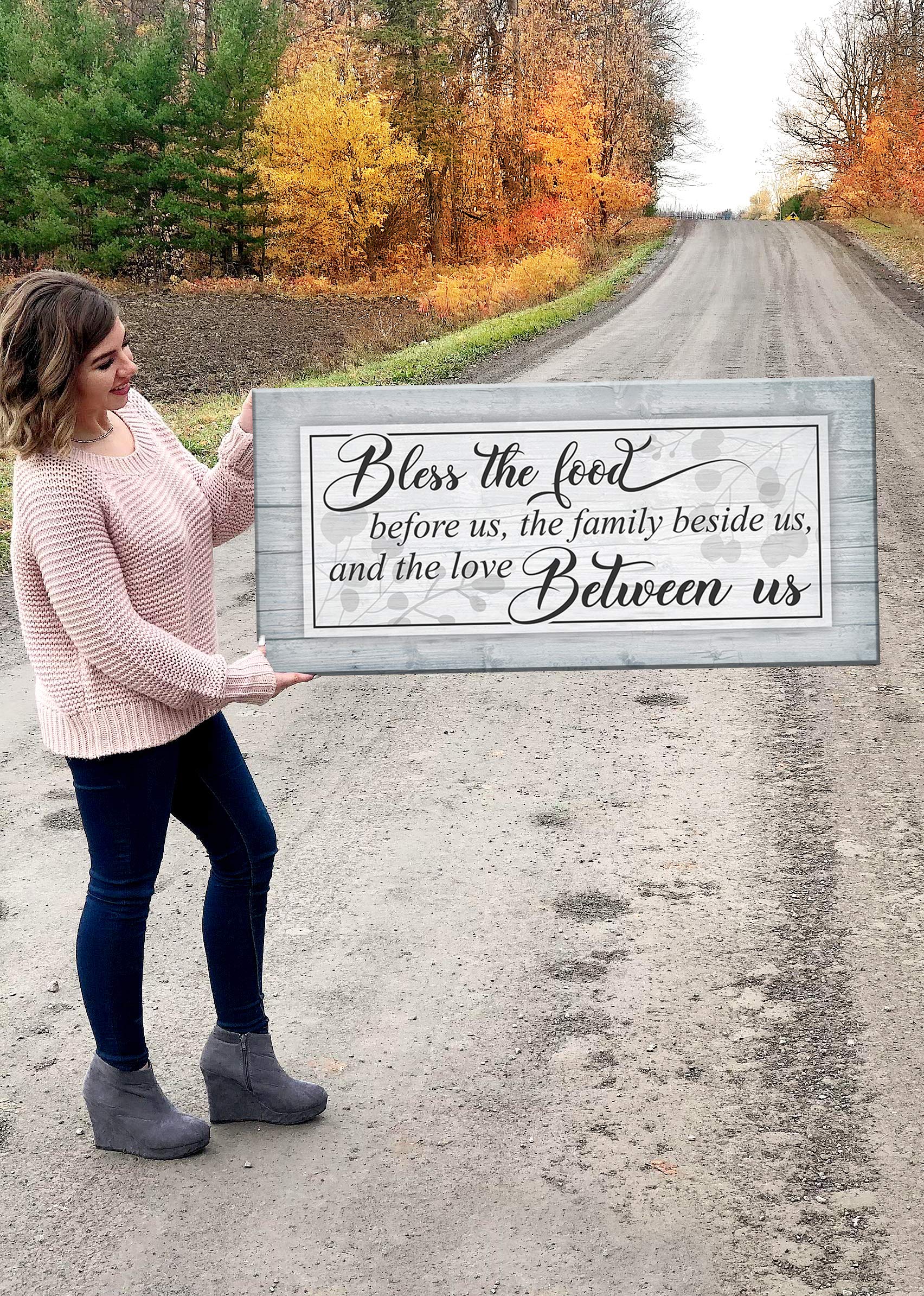 Bless The Food Sign - Christian Wall Decor for Dining Room & Kitchen - Large 42x19 Canvas Wall Art - Family Home Décor - Grey Farmhouse Style - Perfect for Thanksgiving & Holiday Gatherings