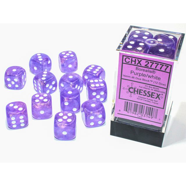 Borealis Luminary 16mm D6 Purple/White Dice Set (12-Piece) for Dungeons & Dragons, RPG Games and Tabletop Gaming - CHX27777
