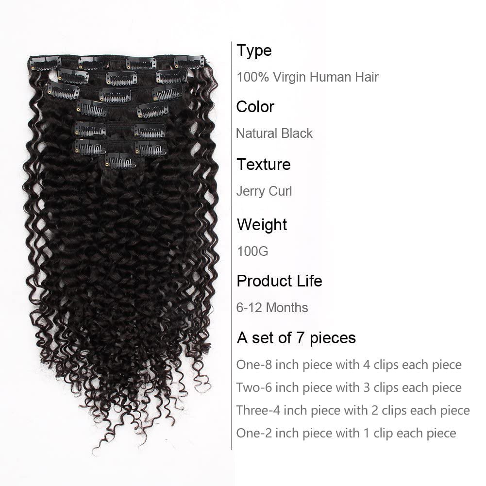 ABH AMAZINGBEAUTY Jerry Curly Clip-in Hair Extensions - 20 Inch 3B/3C Curly Human Hair Wefts (7 Pieces, 120g, 17 Clips) for African American Women - Natural Black | Perfect for Daily Styling, Special Occasions & Protective Hairstyles