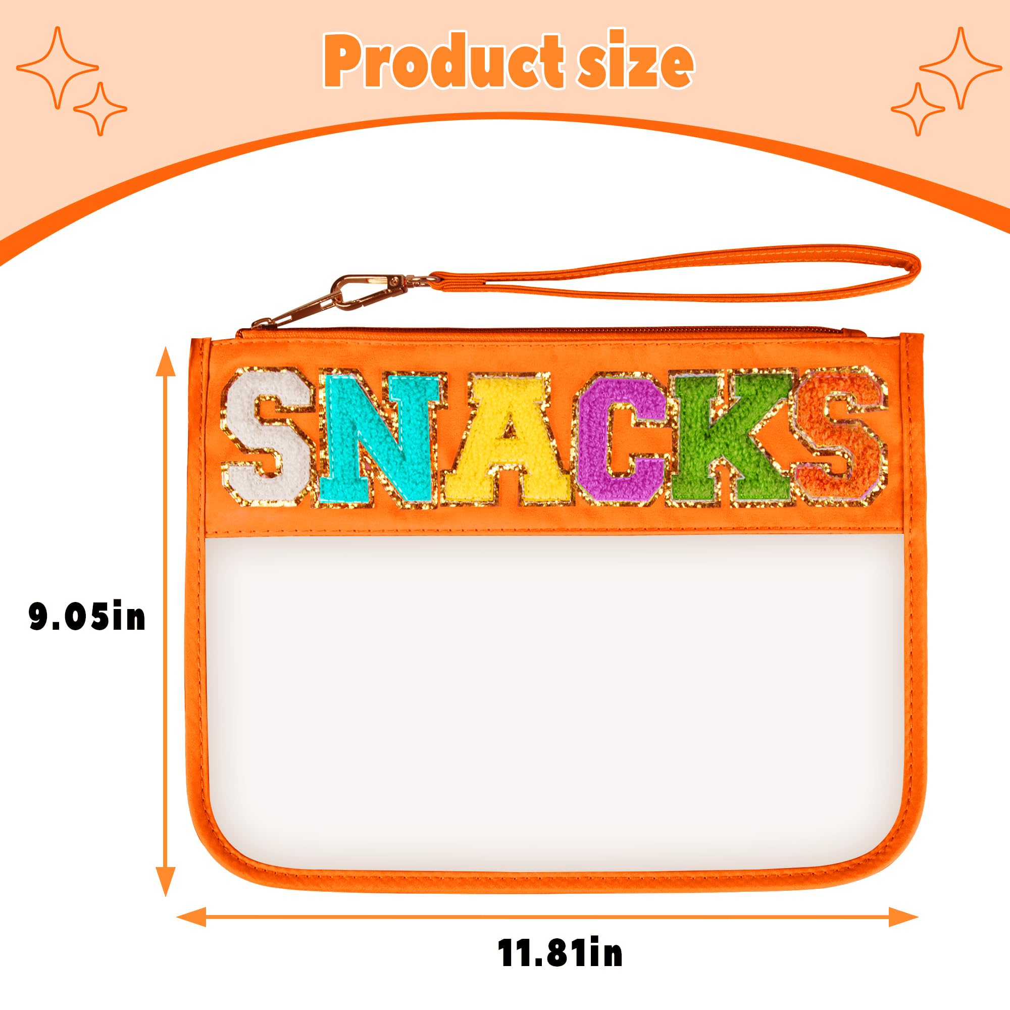 Cute Orange Chenille Letter Clear Bag - Waterproof Transparent PVC Cosmetic & Snacks Pouch with Zipper | Portable Travel Makeup Organizer for Women | Perfect for Gym, Beach, School & Airplane Travel