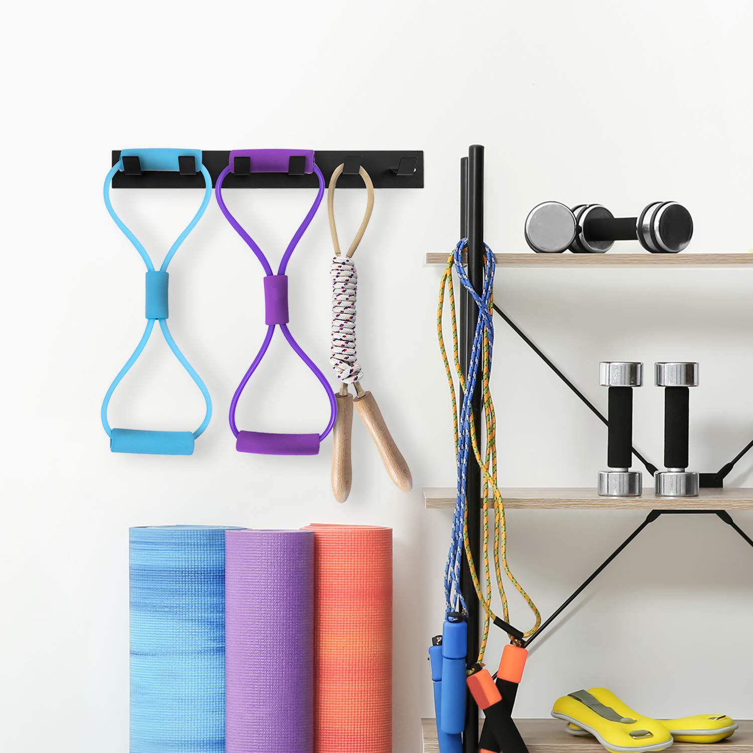 Black Metal Wall Mounted Gym Equipment Rack - 6 Hook Exercise Organizer for Resistance Bands, Jump Ropes & Weight Belts - Perfect for Home Gym, CrossFit & Fitness Accessories Storage