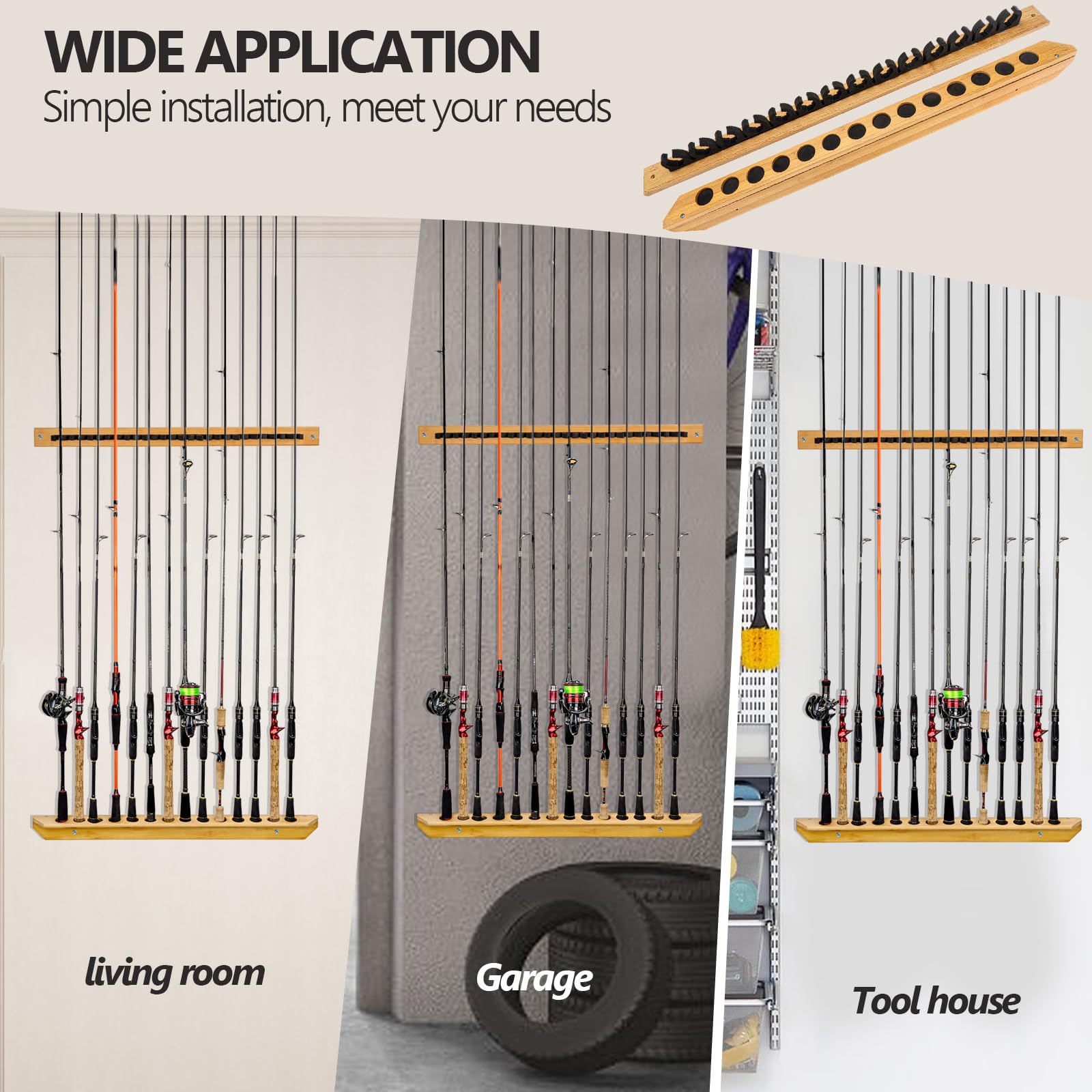 THKFISH Fishing Rod Holder Wall Mount - Wooden Garage Storage Rack for 6-7 Fishing Rod Combos, Baitcasting & Spinning Reels - Perfect for Organizing Fishing Gear in Garage, Boat, or Cabin