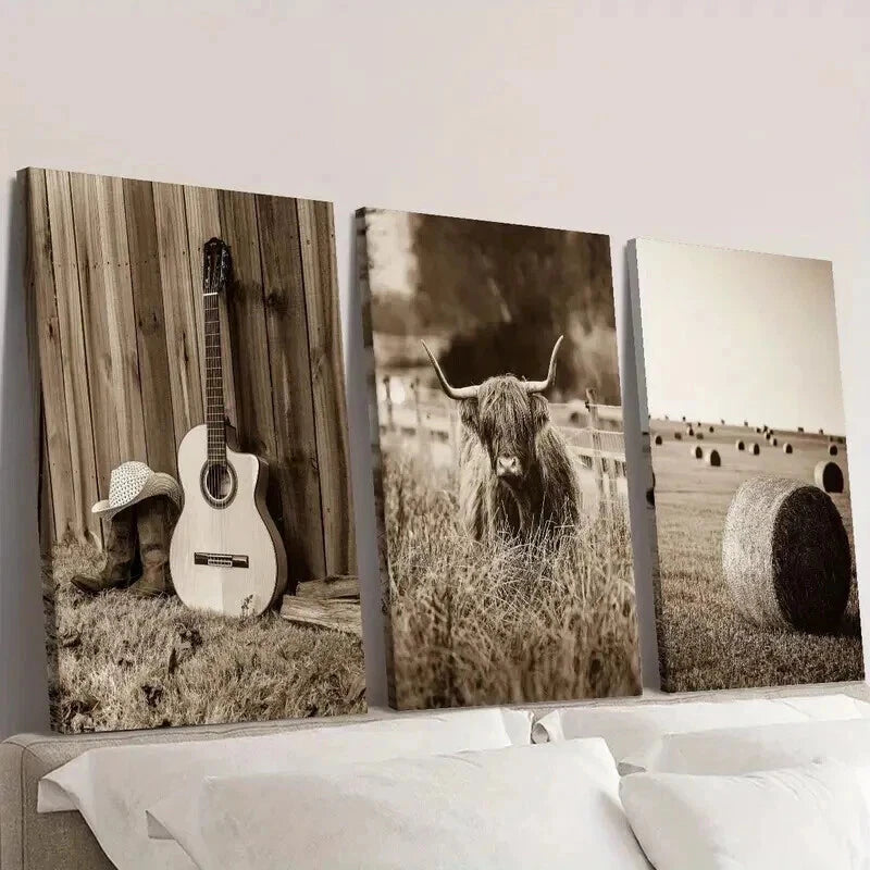 3-Piece Vintage Highland Cow & Guitar Wall Art Set - Framed Canvas 50x70cm - High Quality Print - 100% Australian Made - Ready to Hang - Perfect for Living Room, Bedroom & Office Decor