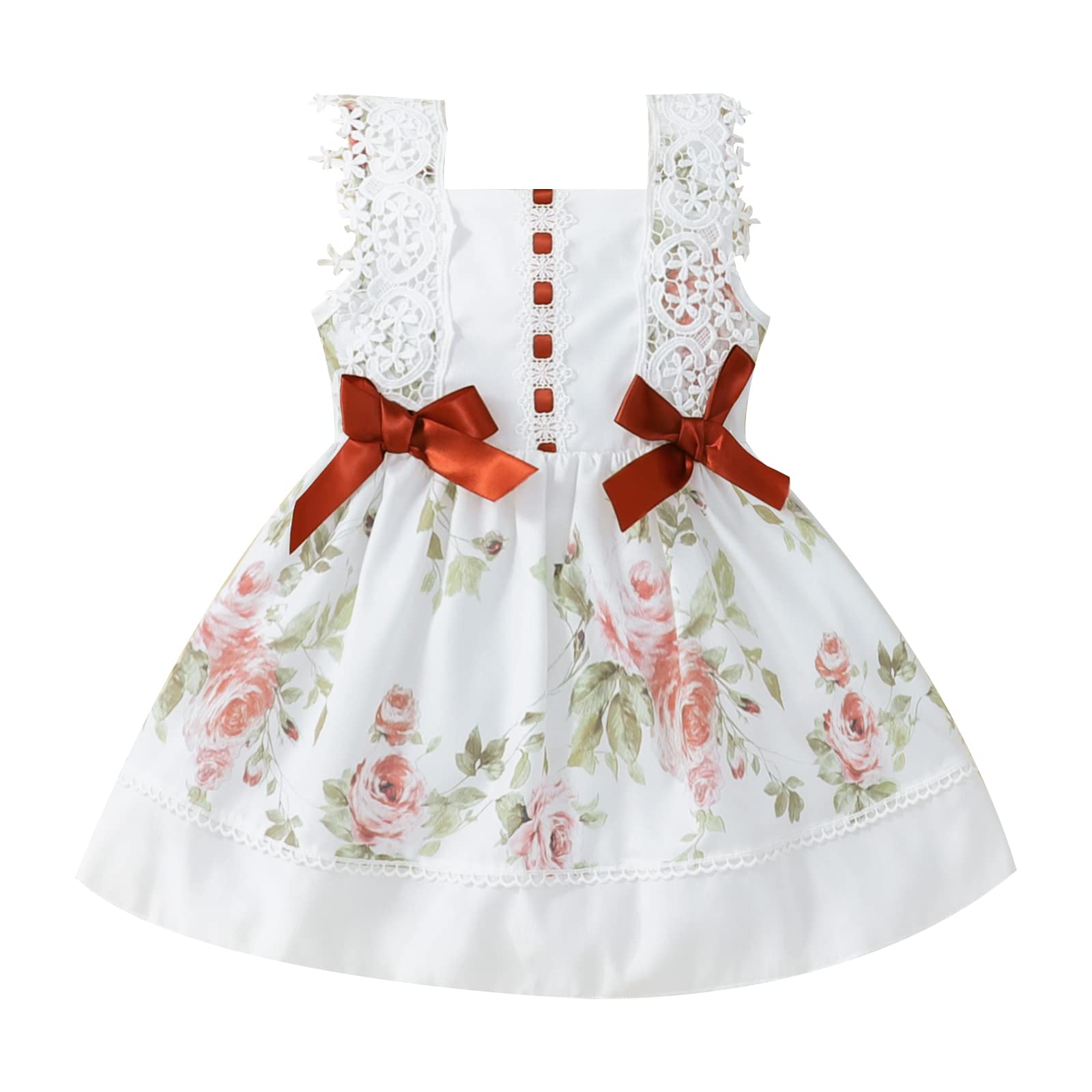 Girls Floral Print Sleeveless Summer Dress with Lace Trim & Bow - Casual Princess Party Outfit for Kids | Perfect for Birthday Celebrations, Beach Vacations & Special Occasions
