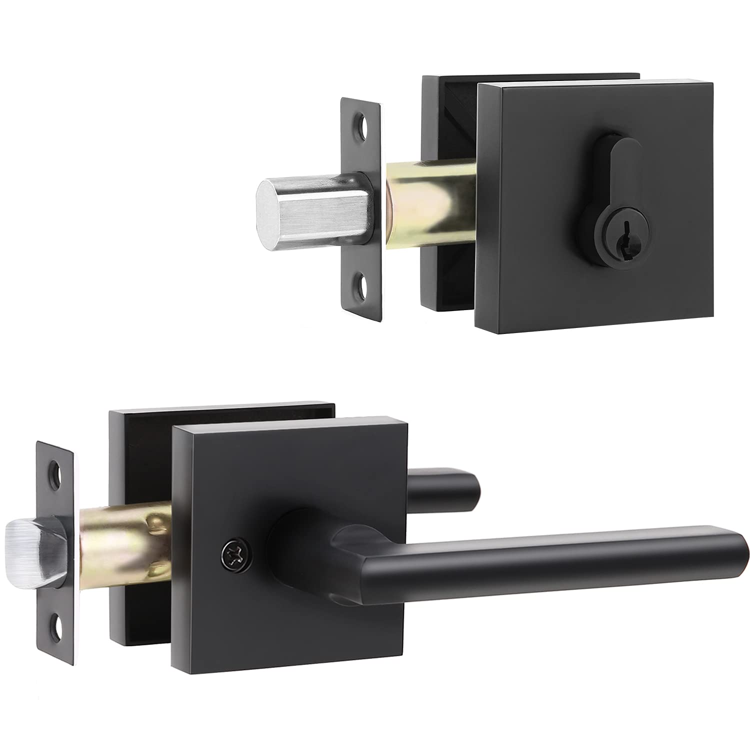 Ohuhu Black Front Door Lock Set - Modern Square Design Zinc Alloy Matte Finish Deadbolt Entry Handle | Secure Home, Office & Apartment Door Locksets for Enhanced Safety