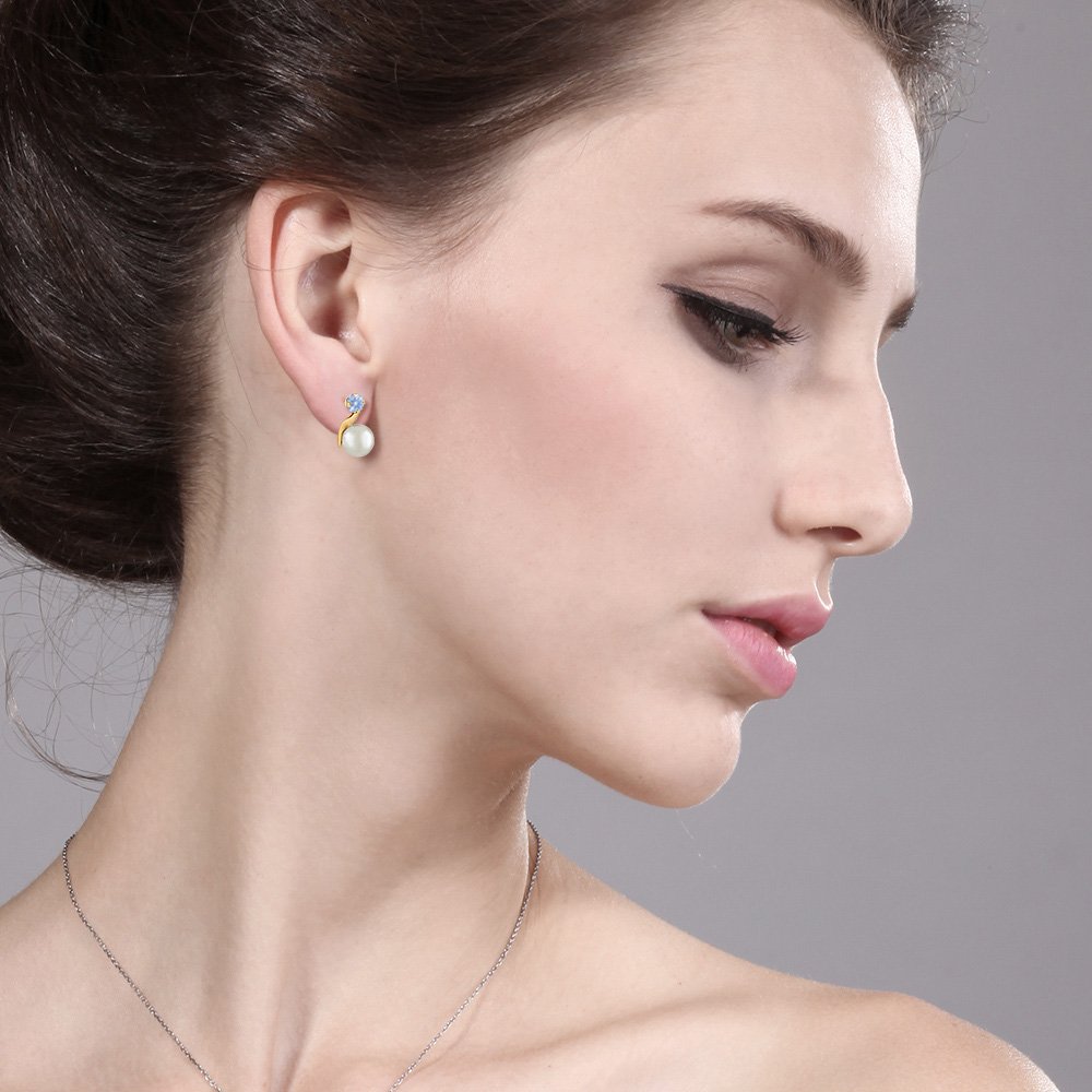 14K Yellow Gold 5MM Cultured Freshwater Pearl & 3MM Round Birthstone Gemstone Earrings for Women | Elegant Dangle Earrings for Weddings, Parties & Everyday Wear | Gem Stone King