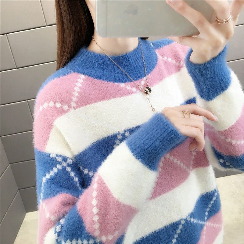 Argyle Women's Pullover Sweater - Winter Thick Warm Knitted Jumper, Cute Pink Patchwork Korean Style Loose Coat for Ladies & Students | Cozy Casual Wear, Office Outfits & Winter Fashion