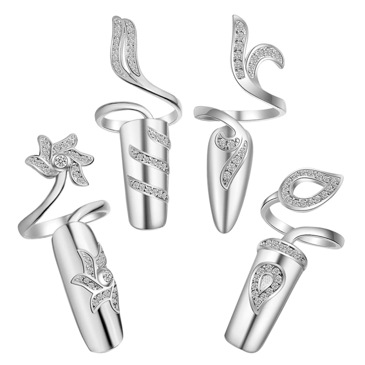 FRCOLOR Silver Gothic Nail Rings for Women - Metal Fingernail Cover Rings with Rhinestones | Elegant Nail Jewelry for Parties, Halloween & Gothic Fashion