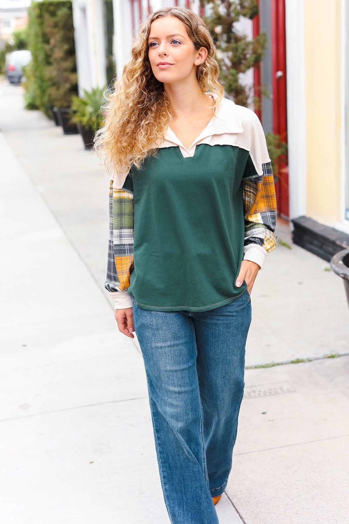 Fall For You Hunter Green Plaid Color Block Collared Terry Top - Women's Fashion Long Sleeve Shirt for Autumn Outfits, Casual Wear & Layering