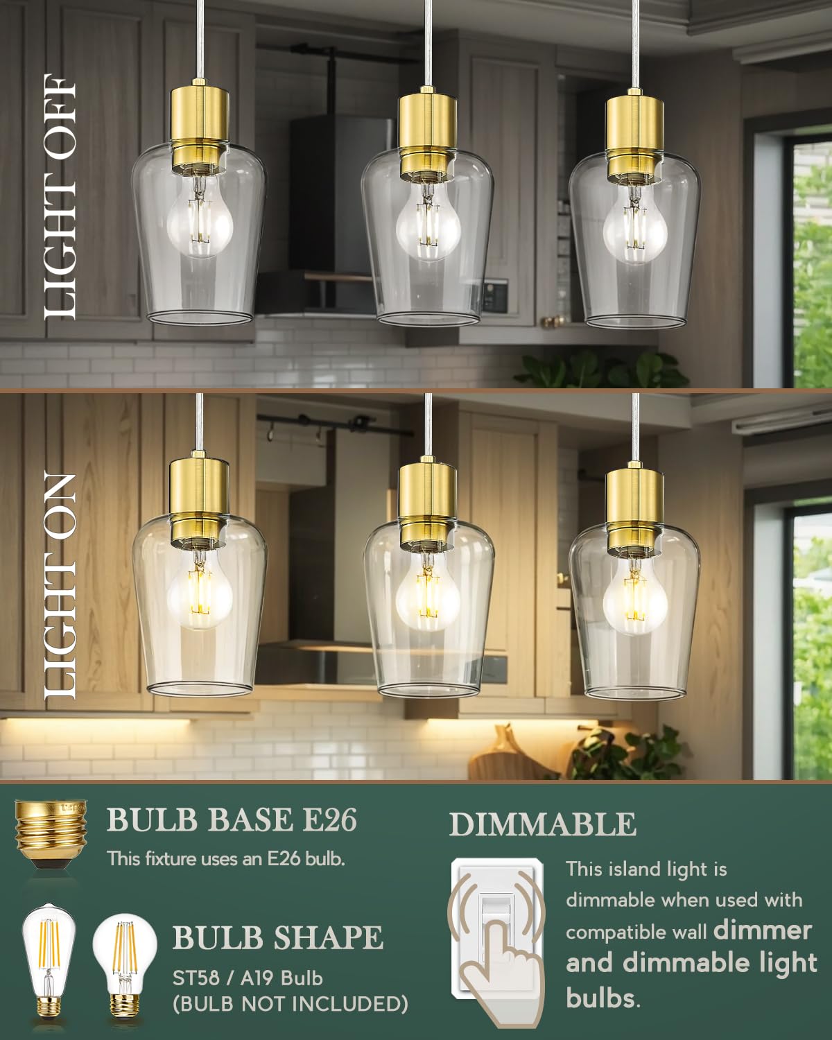 Brushed Gold 3-Light Linear Chandelier - Farmhouse Style Kitchen Island Pendant Lighting with Clear Glass Shade - Perfect for Dining Room, Breakfast Nook & Modern Farmhouse Decor (Model: LMS-123SPL-BG3)