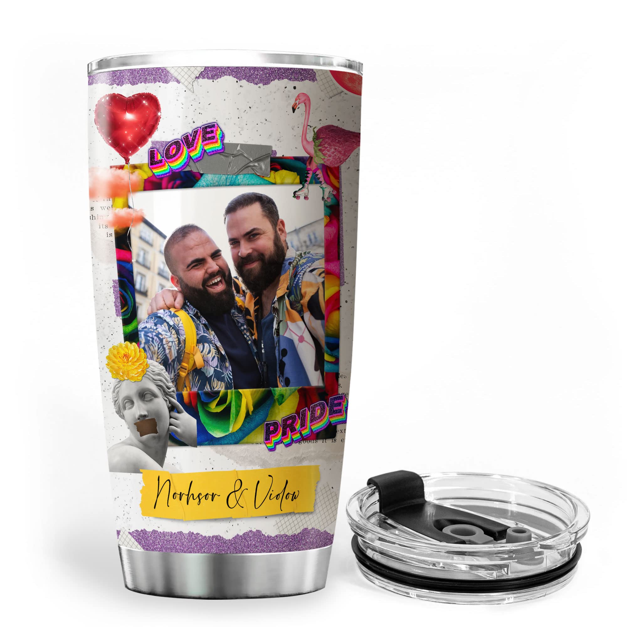 Custom LGBT Pride Tumbler - 20oz Stainless Steel Insulated Coffee Mug with Lid | Personalized Rainbow Photo Collage Design | Perfect Lesbian Gay Couple Gift for Men & Women | Great for Pride Parades, Office Use & Romantic Anniversary Presents