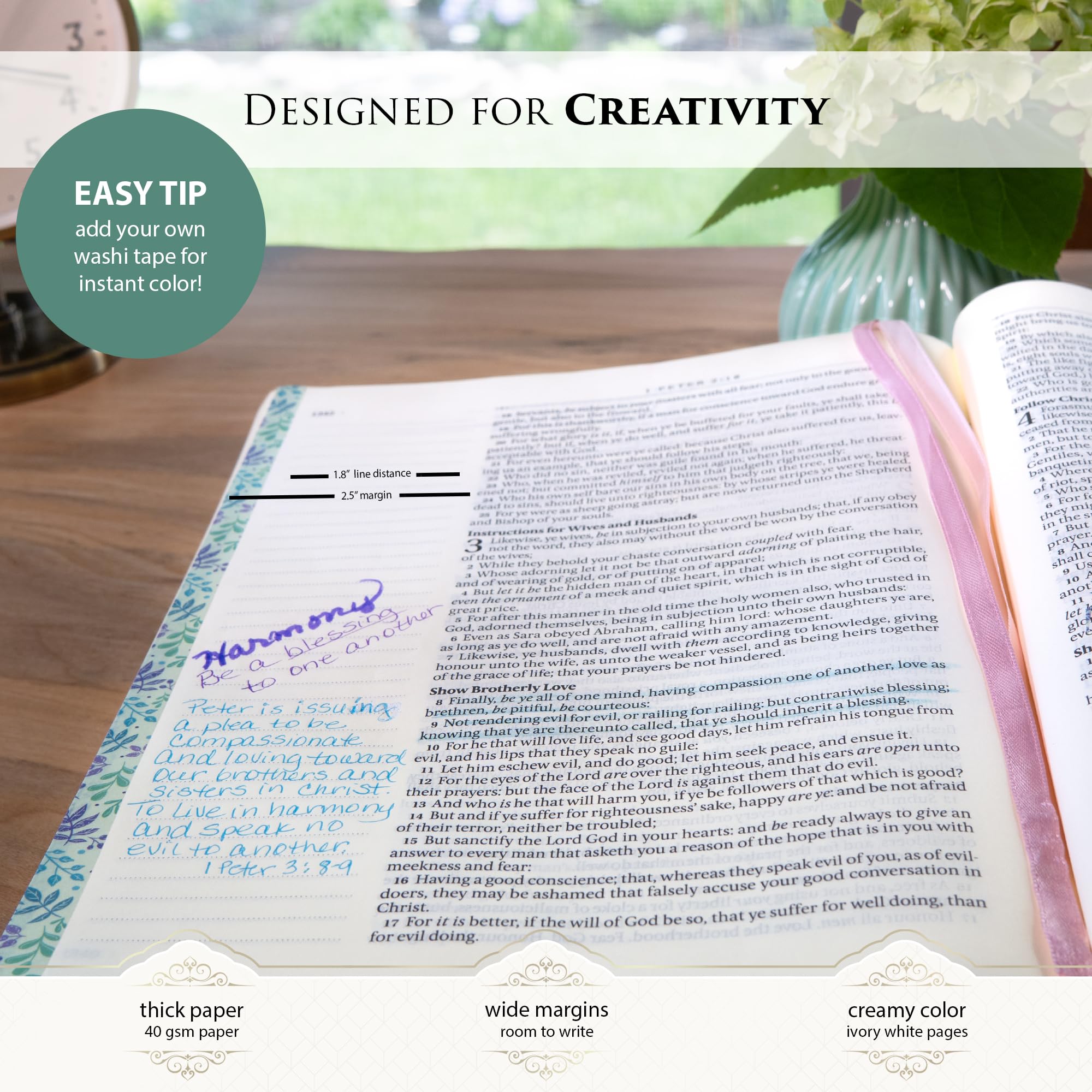 KJV Large Print Note-Taking Bible - Faux Leather Hardcover, Navy Gold Floral for Study & Worship