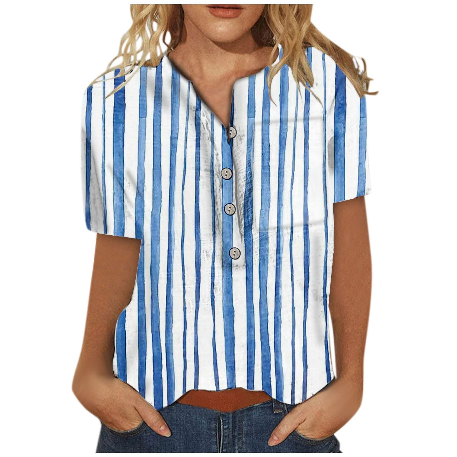 Women's Vintage Stripe V-Neck T-Shirt - Slim Fit Short Sleeve Summer Top Blouse | Casual Wear, Beach Outfits & Everyday Fashion