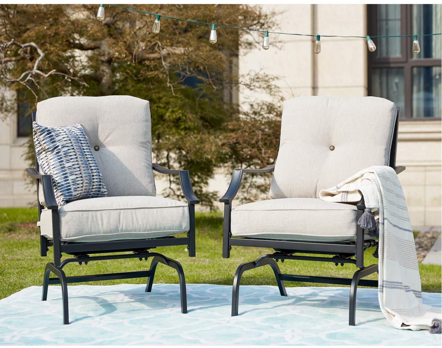 **Black Metal Rocking Patio Chairs with Padded Cushions - Outdoor Spring Motion Dining Set for Porch, Garden, Balcony - Perfect for Relaxing & Entertaining Guests**