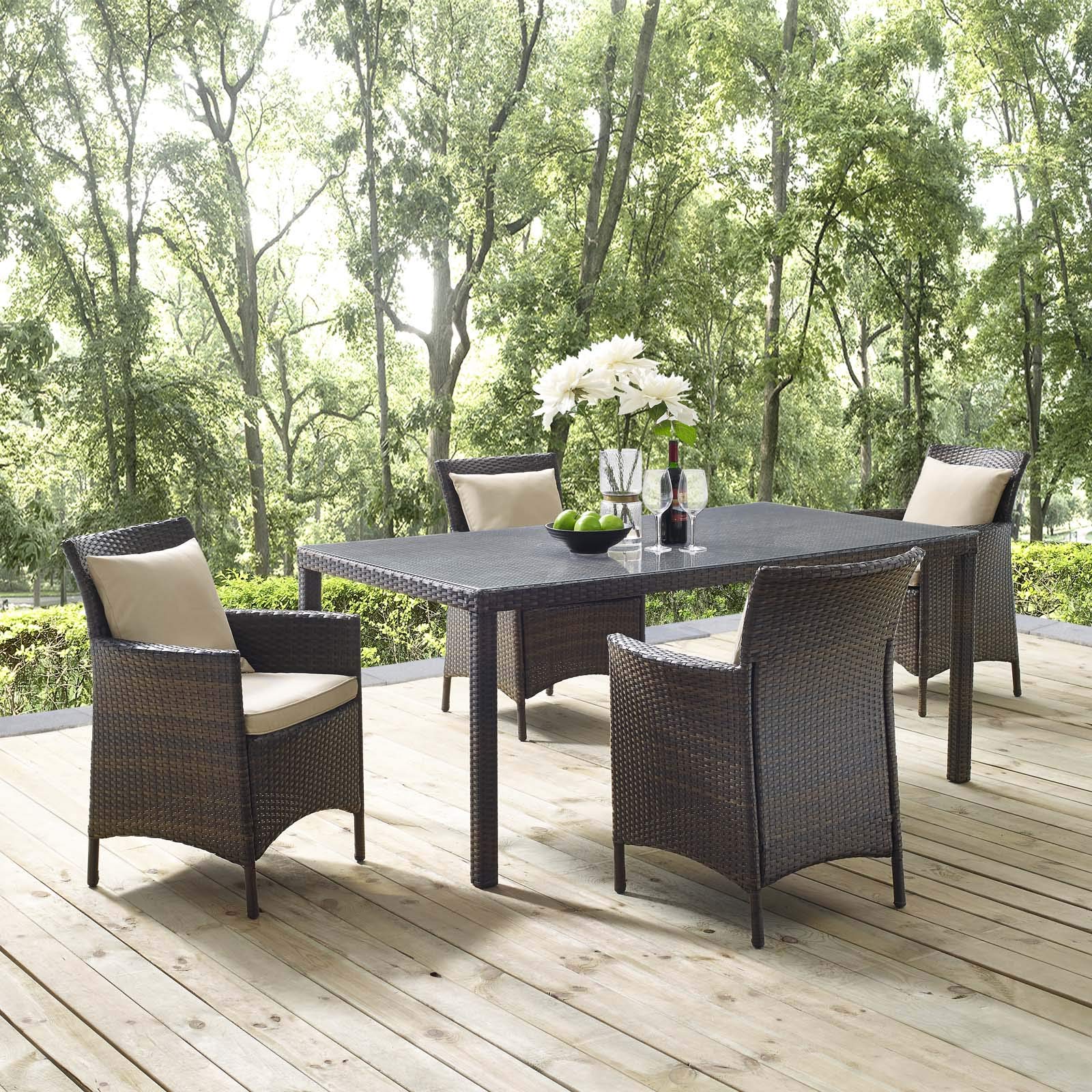 Modway EEI-3892-BRN-BEI-SET 5-Piece Brown Beige Outdoor Dining Set - Weather-Resistant Patio Furniture for Garden, Backyard & Poolside Dining
